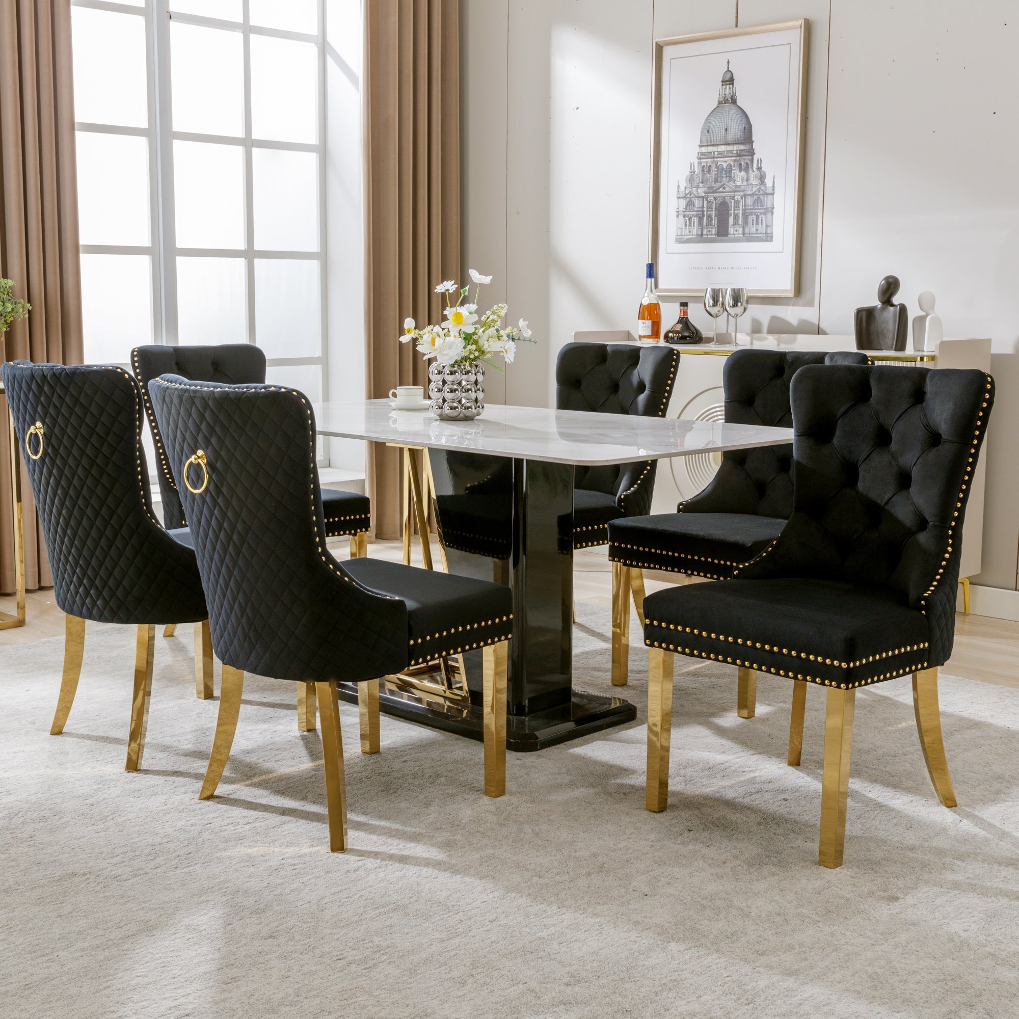 Dining Chair Set of 6 Upholstered Velvet Round Pull Ring Back Nailhead Trim Black/Gold