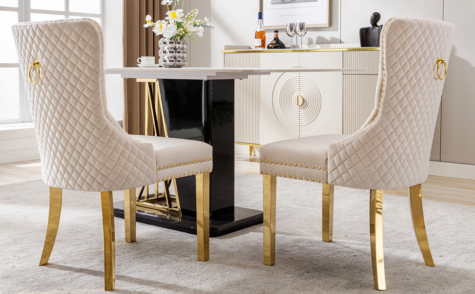 Set of 2 Dining Chairs Upholstered Door Knocker Back Gold-Plated Legs Beige Velvet/Gold