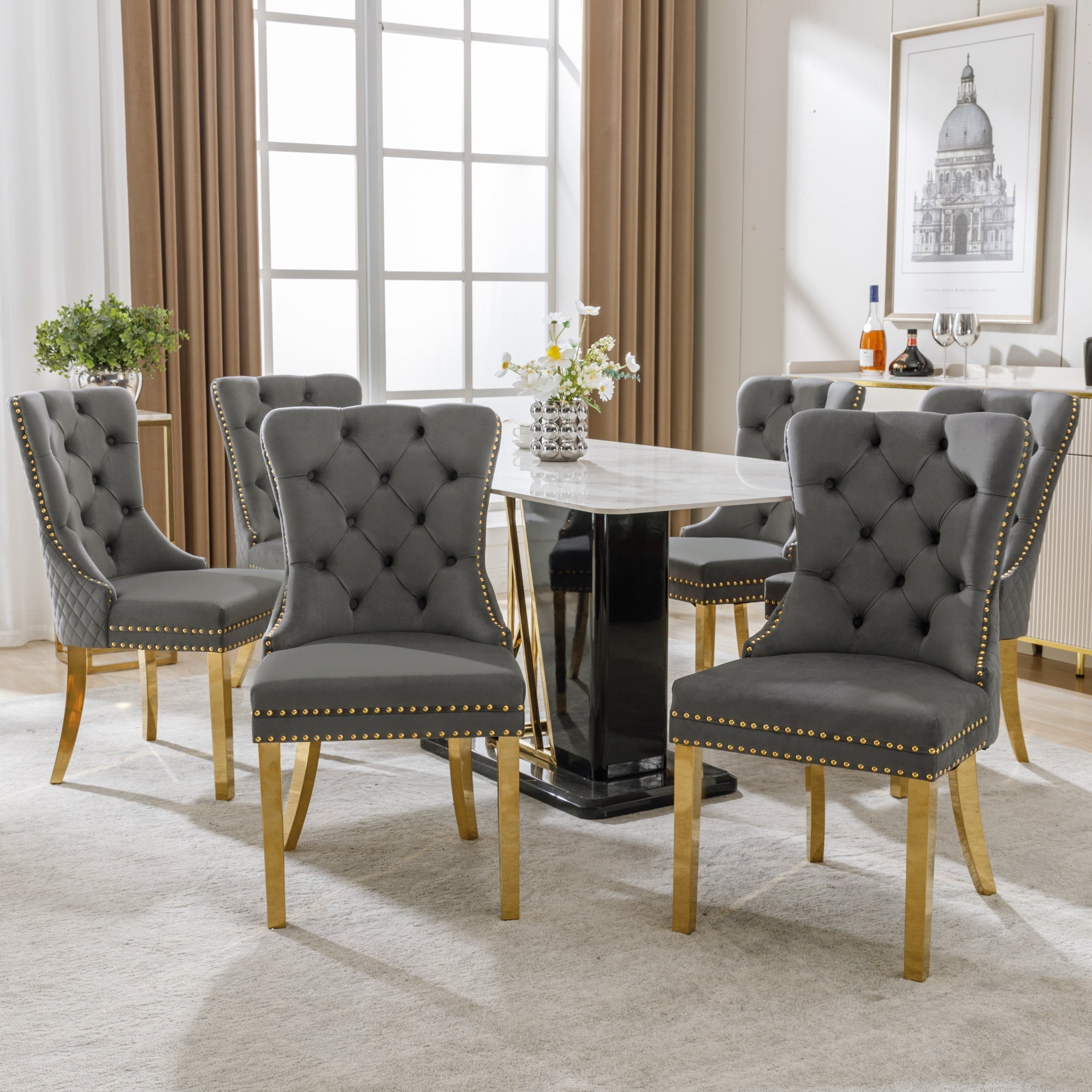 Dining Chair Set of 6 Upholstered Velvet with Ring Handle & Nailhead Trim Grey/Gold