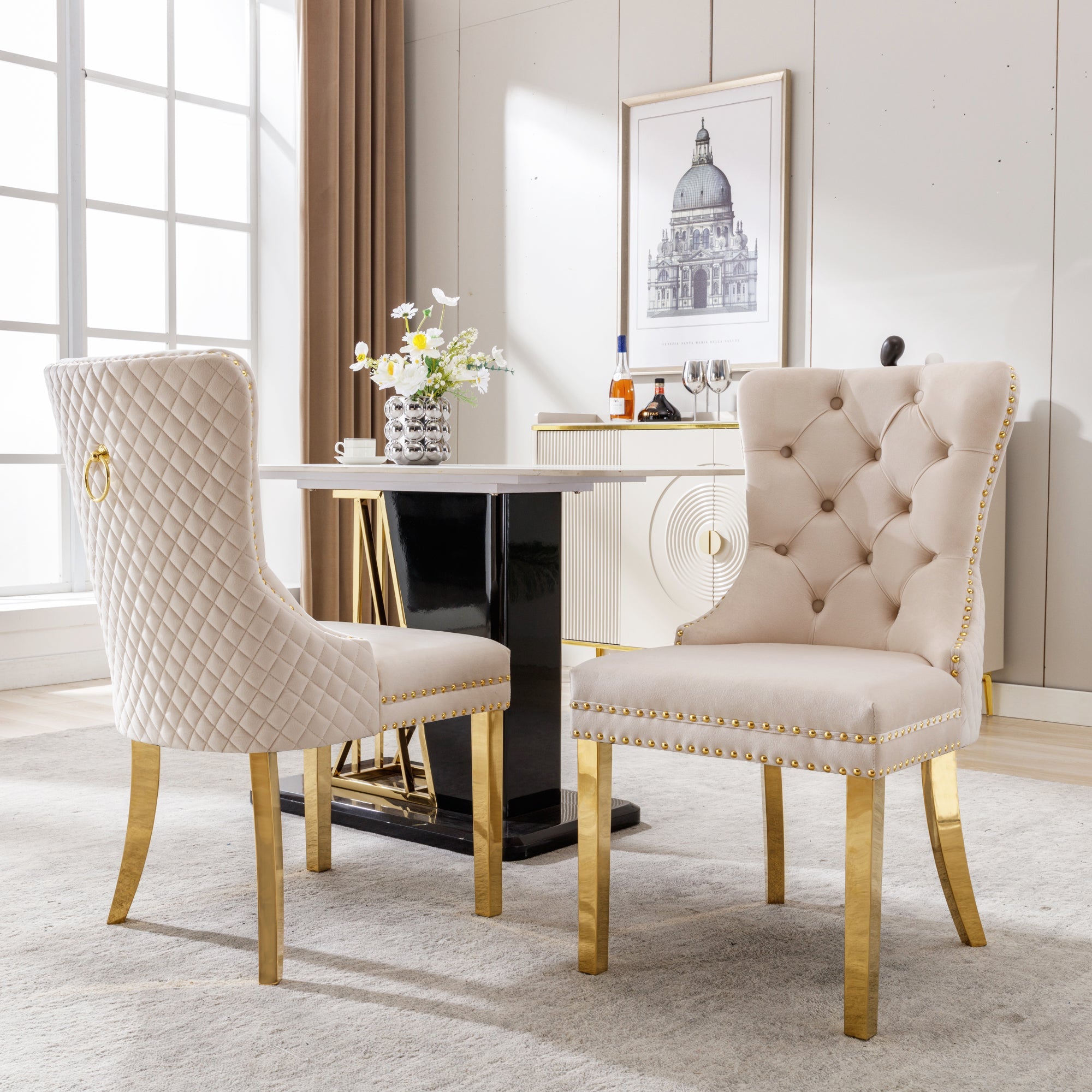 Set of 2 Dining Chairs Upholstered Door Knocker Back Gold-Plated Legs Beige Velvet/Gold