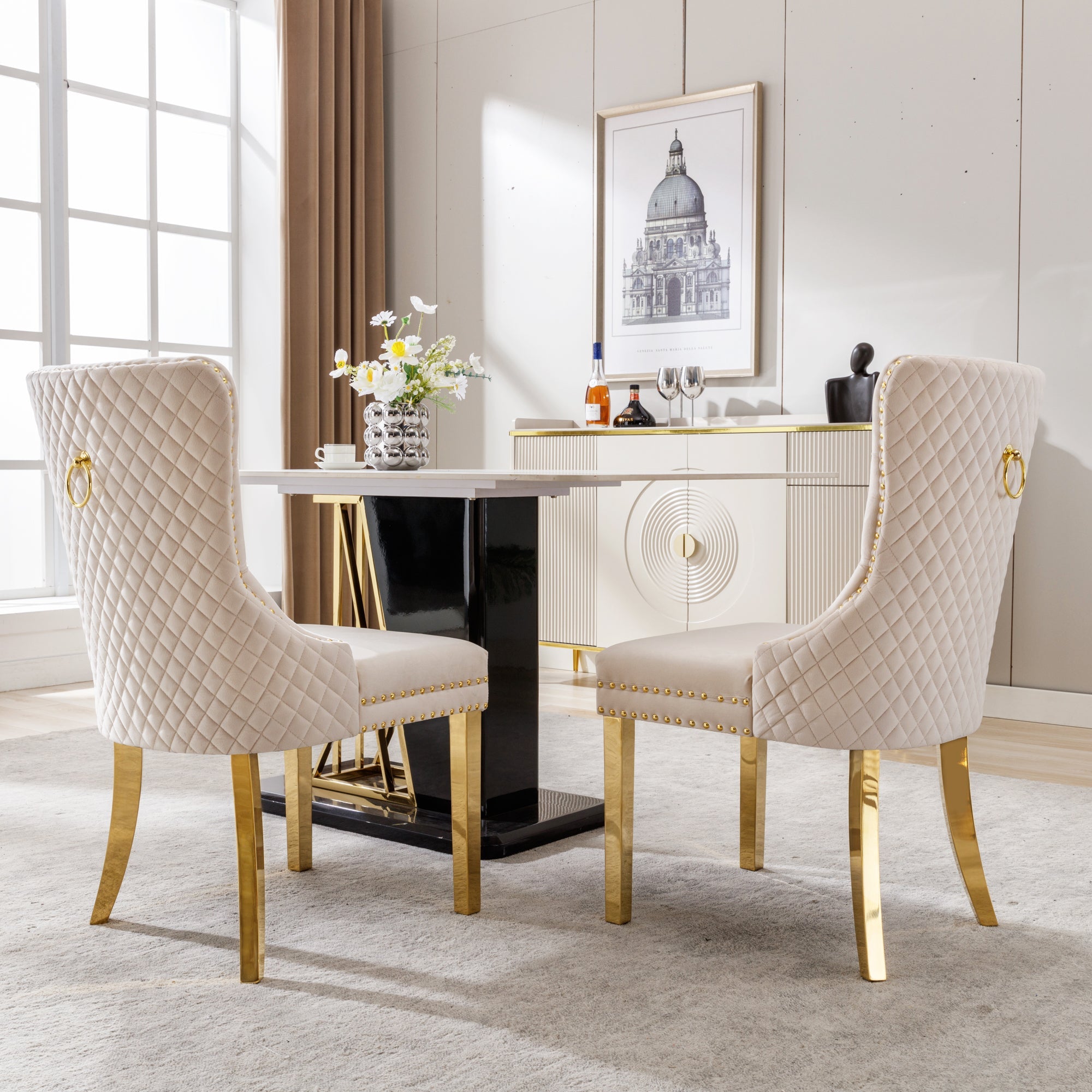 Set of 2 Dining Chairs Upholstered Door Knocker Back Gold-Plated Legs Beige Velvet/Gold