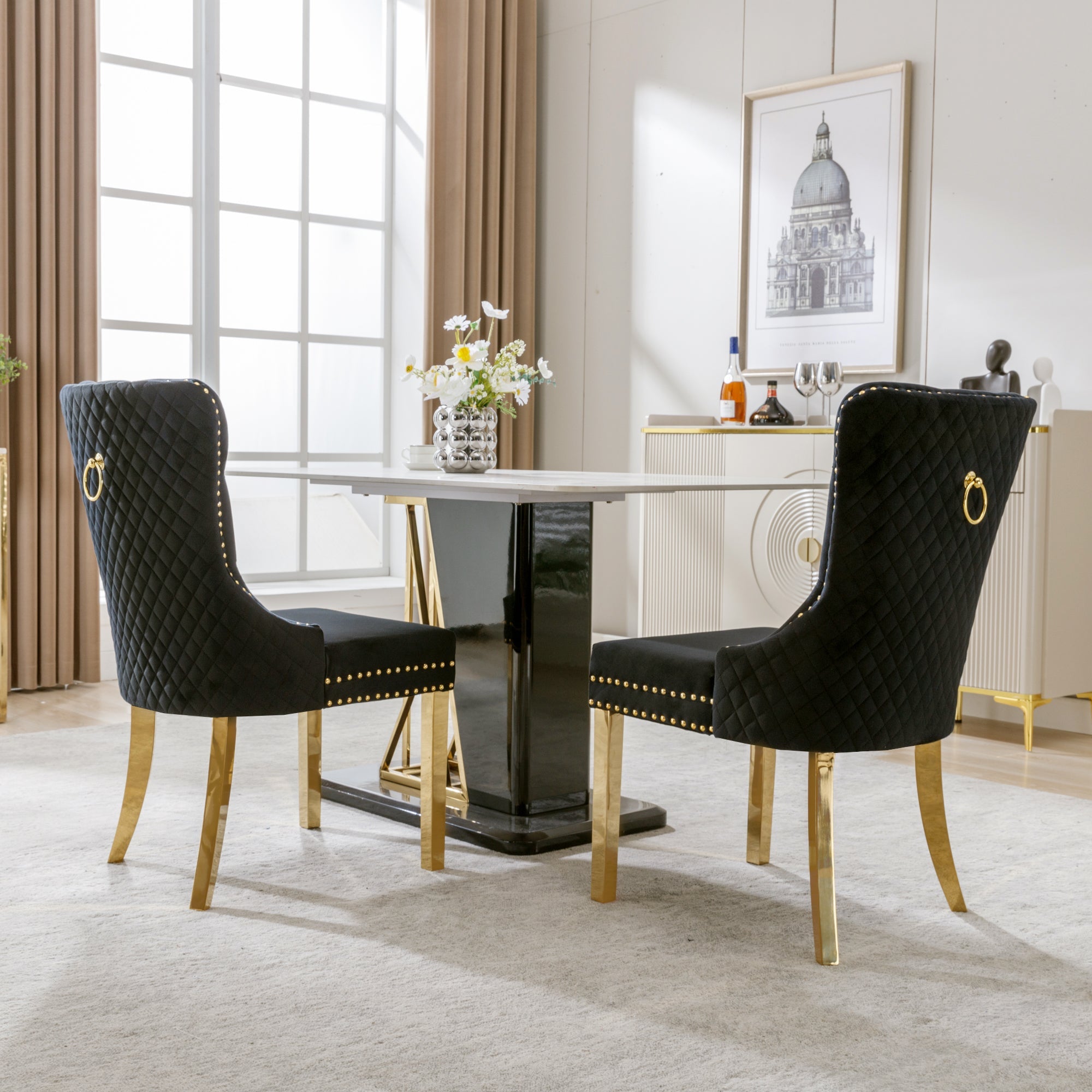 Dining Chair Set of 2 Upholstered Velvet Round Pull Ring Back Nailhead Trim Black/Gold