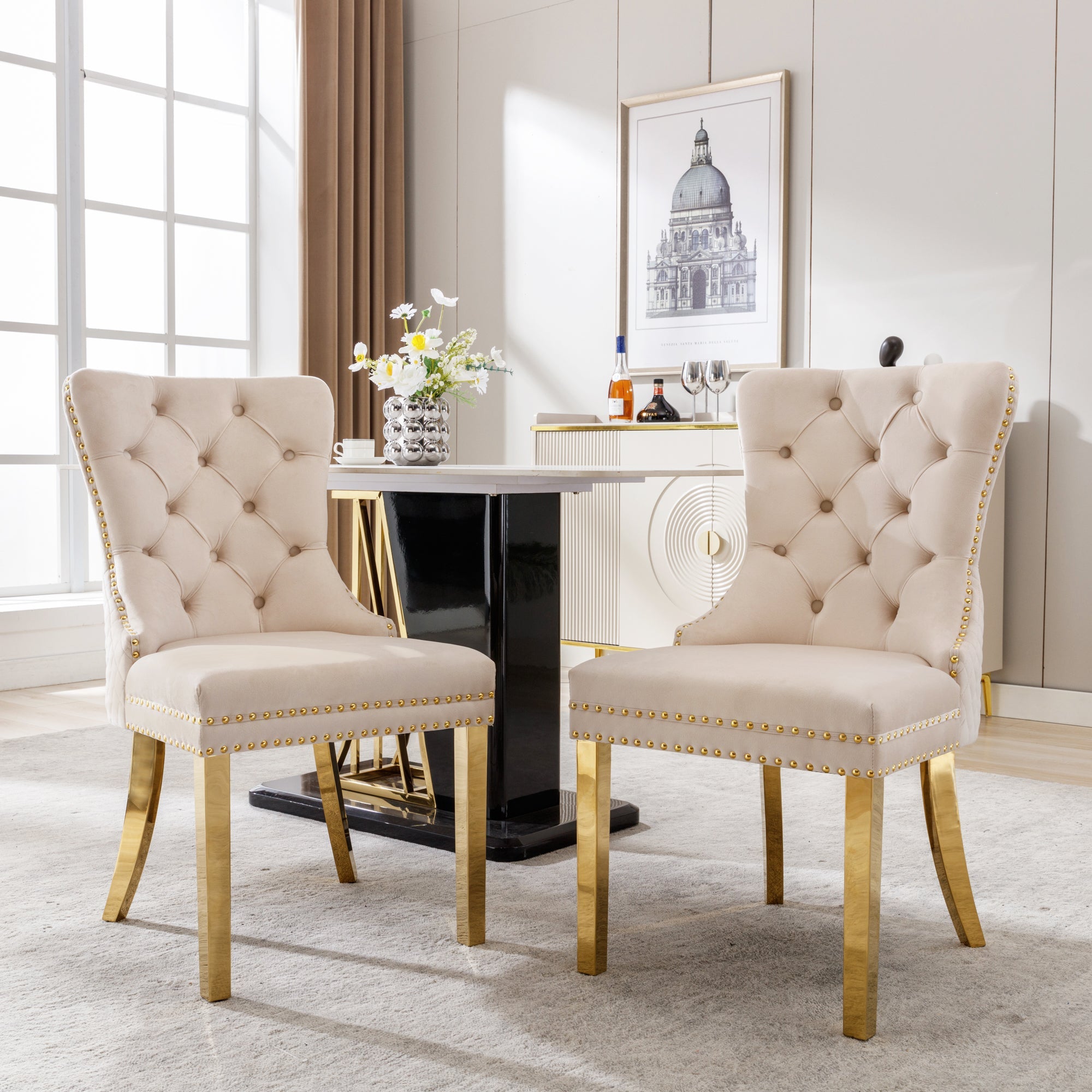 Set of 2 Dining Chairs Upholstered Door Knocker Back Gold-Plated Legs Beige Velvet/Gold
