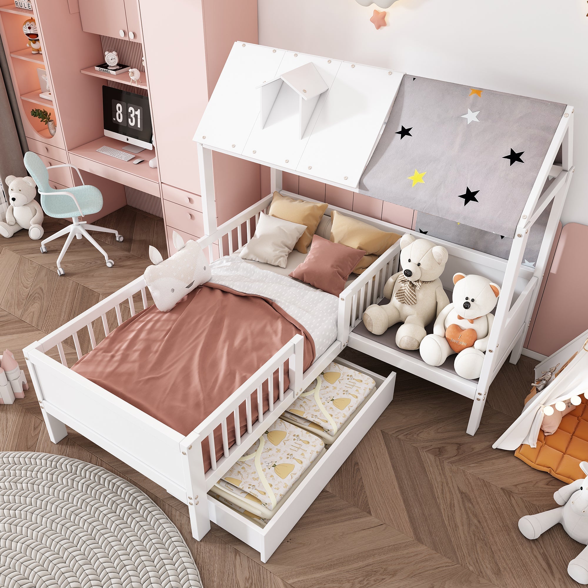 House Bed Single Multifunctional Tent Drawers 90x200cm - White Wood