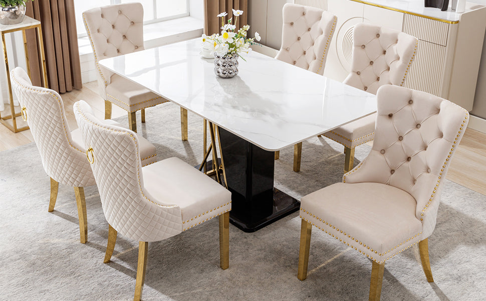 Dining Chair Set of 6 Upholstered Door Knocker Back Gold-Plated Legs Beige Velvet/Gold