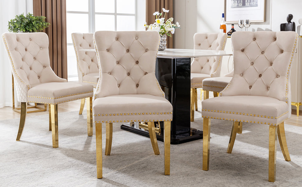 Dining Chair Set of 6 Upholstered Door Knocker Back Gold-Plated Legs Beige Velvet/Gold