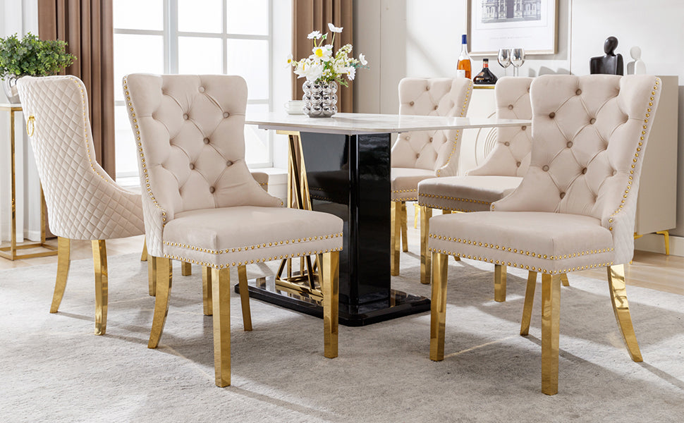 Dining Chair Set of 6 Upholstered Door Knocker Back Gold-Plated Legs Beige Velvet/Gold