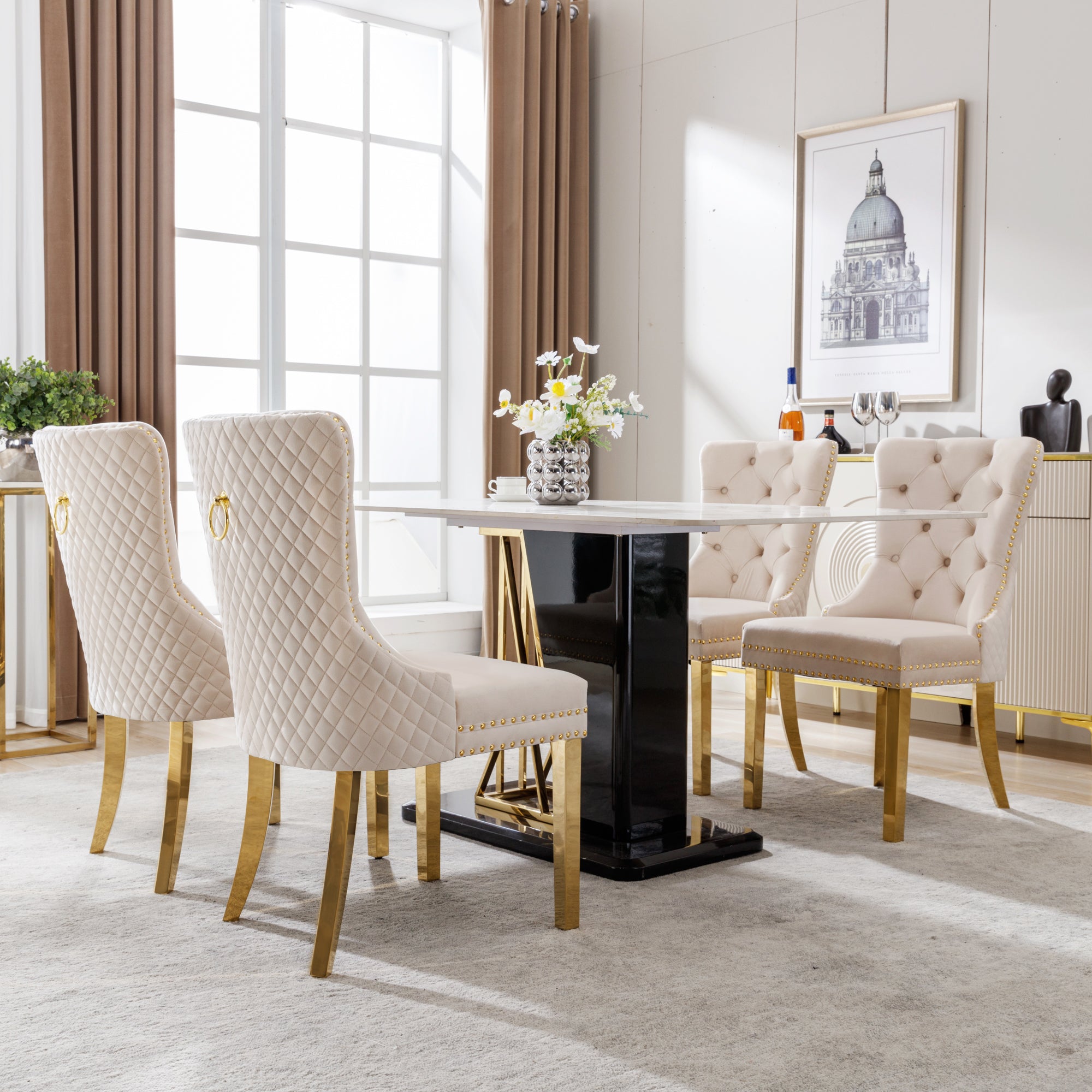 Dining Chair Set of 4 Upholstered Door Knocker Nailhead Trim Beige Velvet/Gold