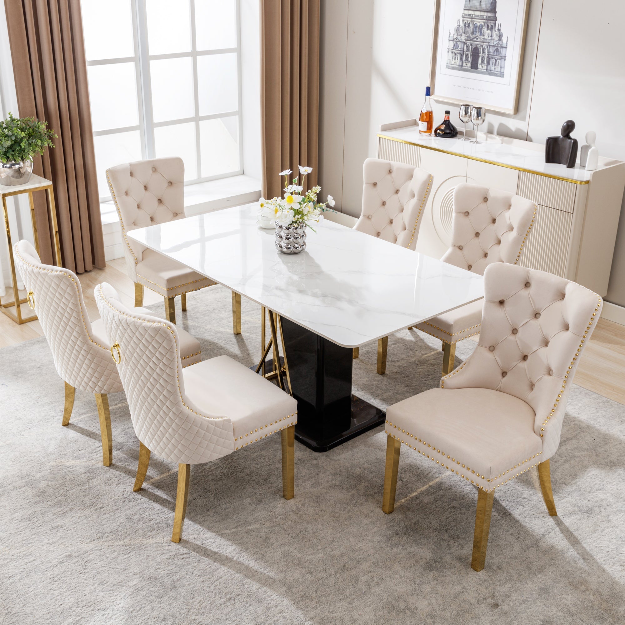 Dining Chair Set of 6 Upholstered Door Knocker Back Gold-Plated Legs Beige Velvet/Gold
