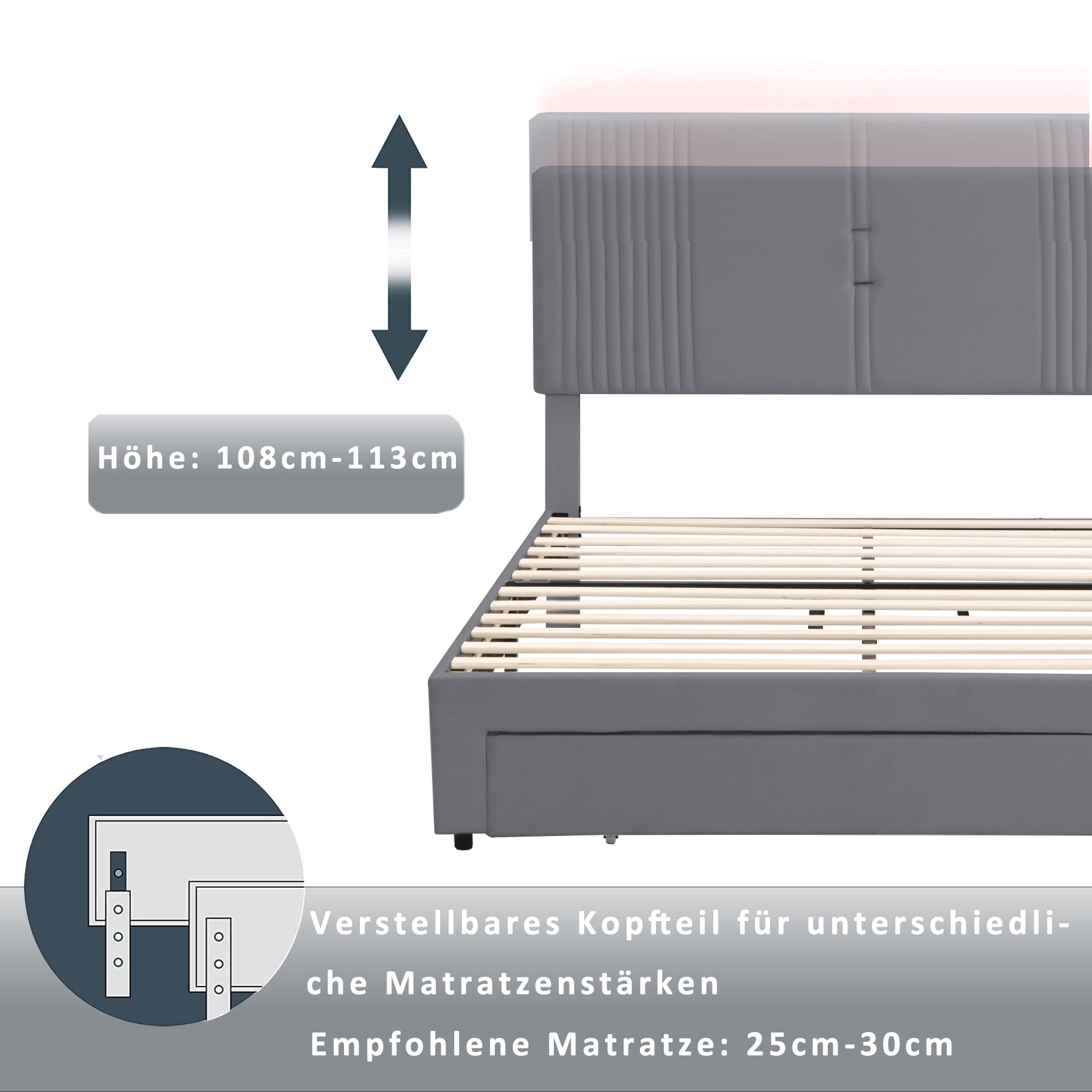 Upholstered Bed, 140x200cm Double with Light Strip & USB Port, Grey Velvet