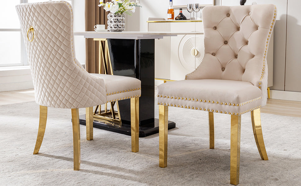 Set of 2 Dining Chairs Upholstered Door Knocker Back Gold-Plated Legs Beige Velvet/Gold