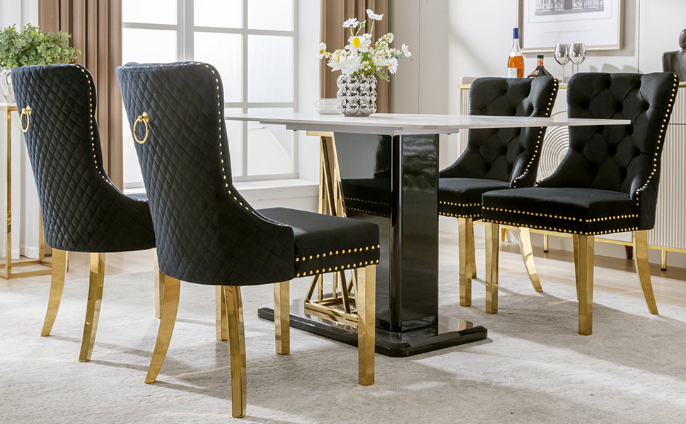 Set of 4 Dining Chairs Velvet Upholstered Round Pull Ring Nailhead Trim Black/Gold