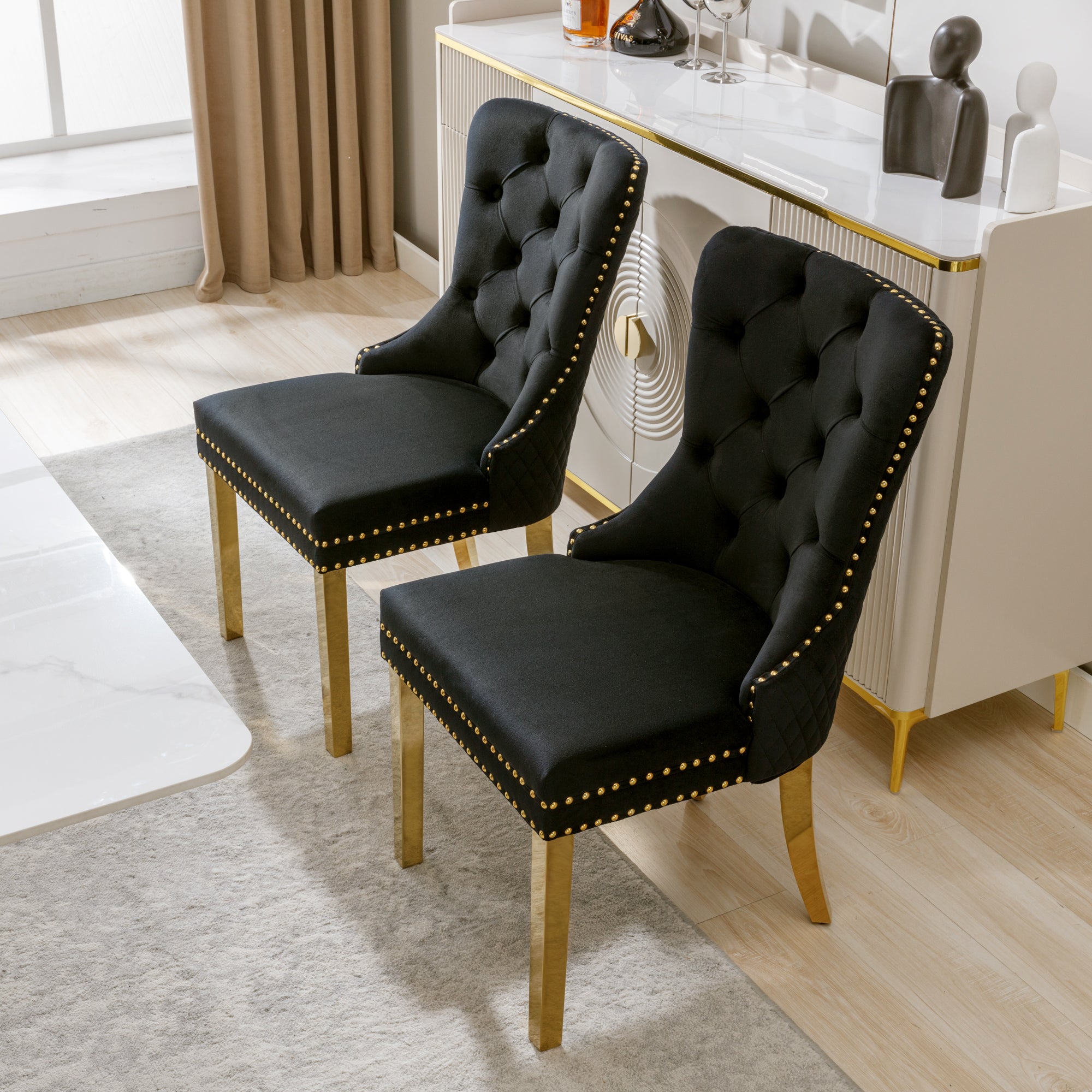 Dining Chair Set of 2 Upholstered Velvet Round Pull Ring Back Nailhead Trim Black/Gold