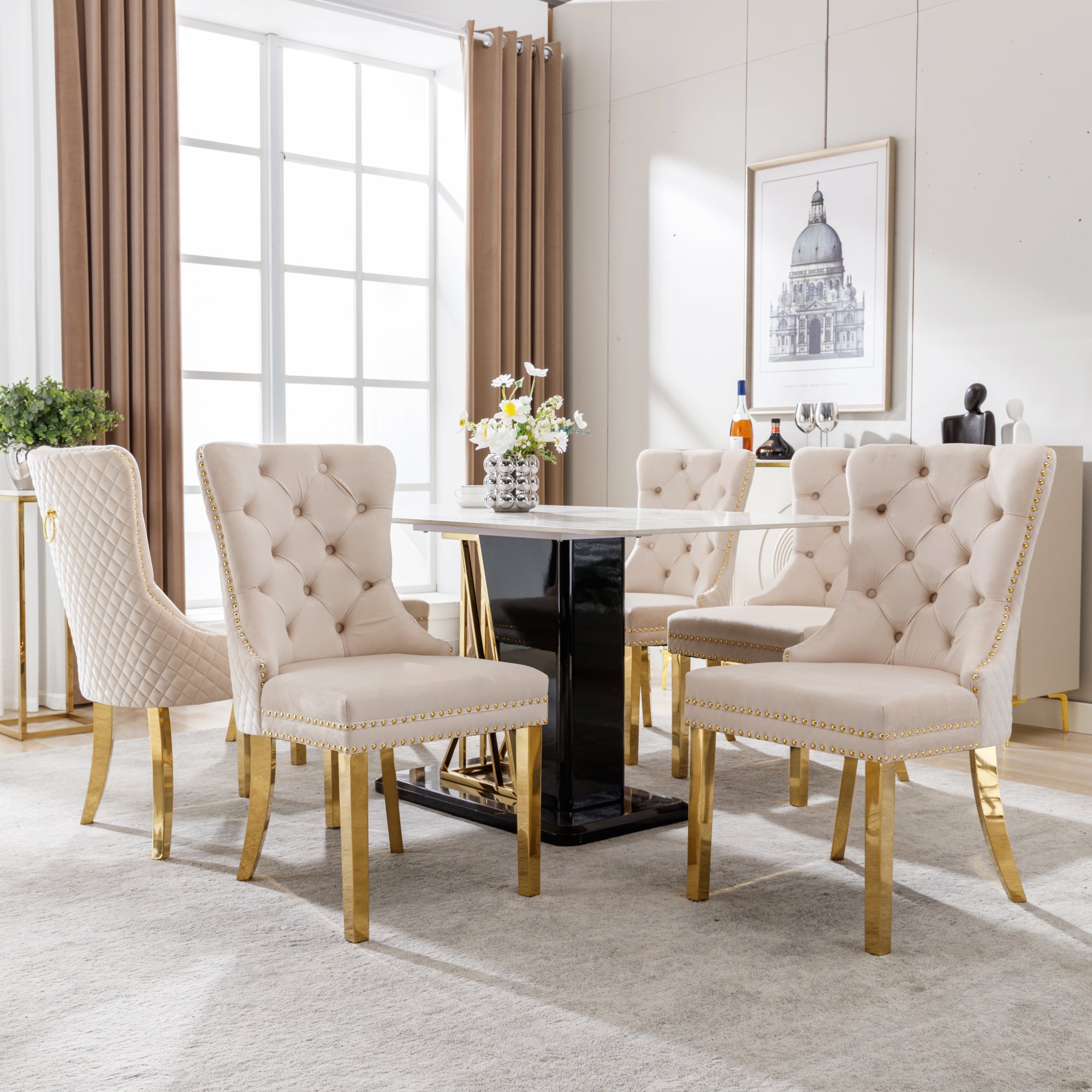 Dining Chair Set of 6 Upholstered Door Knocker Back Gold-Plated Legs Beige Velvet/Gold