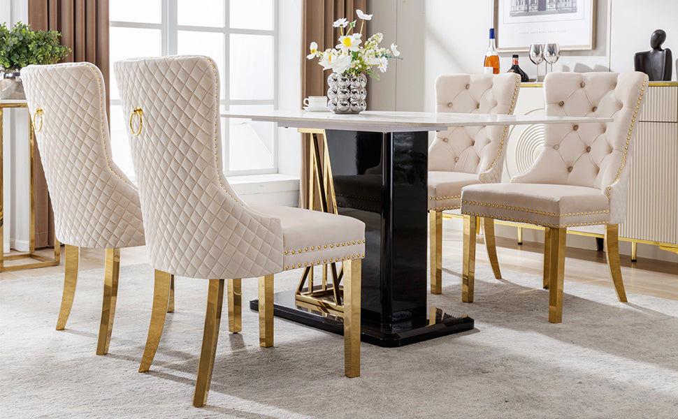 Dining Chair Set of 4 Upholstered Door Knocker Nailhead Trim Beige Velvet/Gold