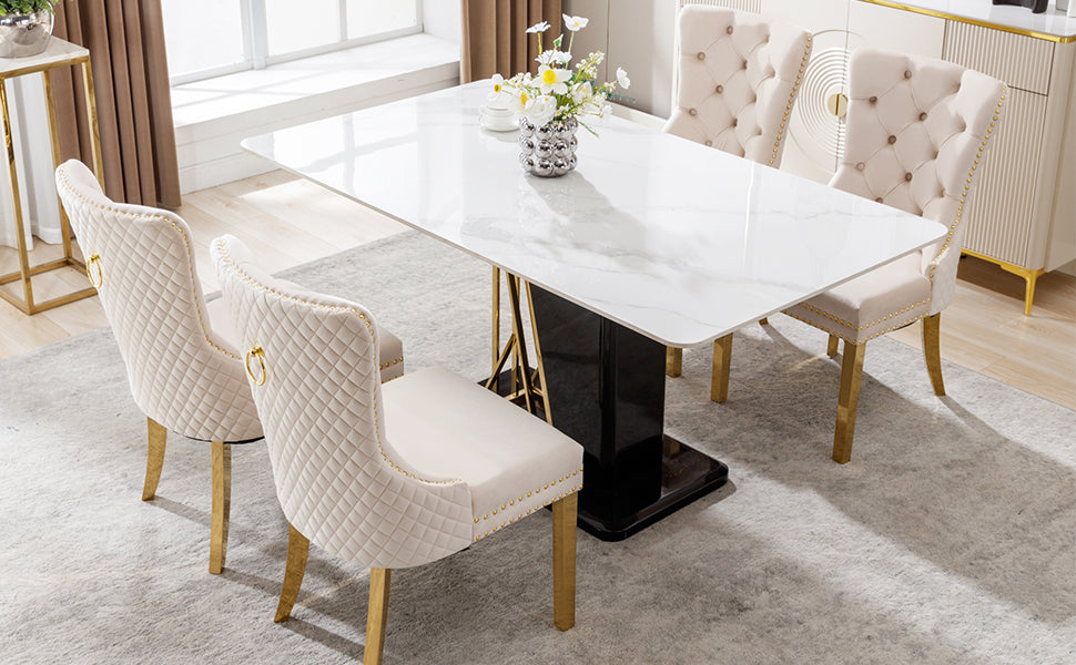 Dining Chair Set of 4 Upholstered Door Knocker Nailhead Trim Beige Velvet/Gold