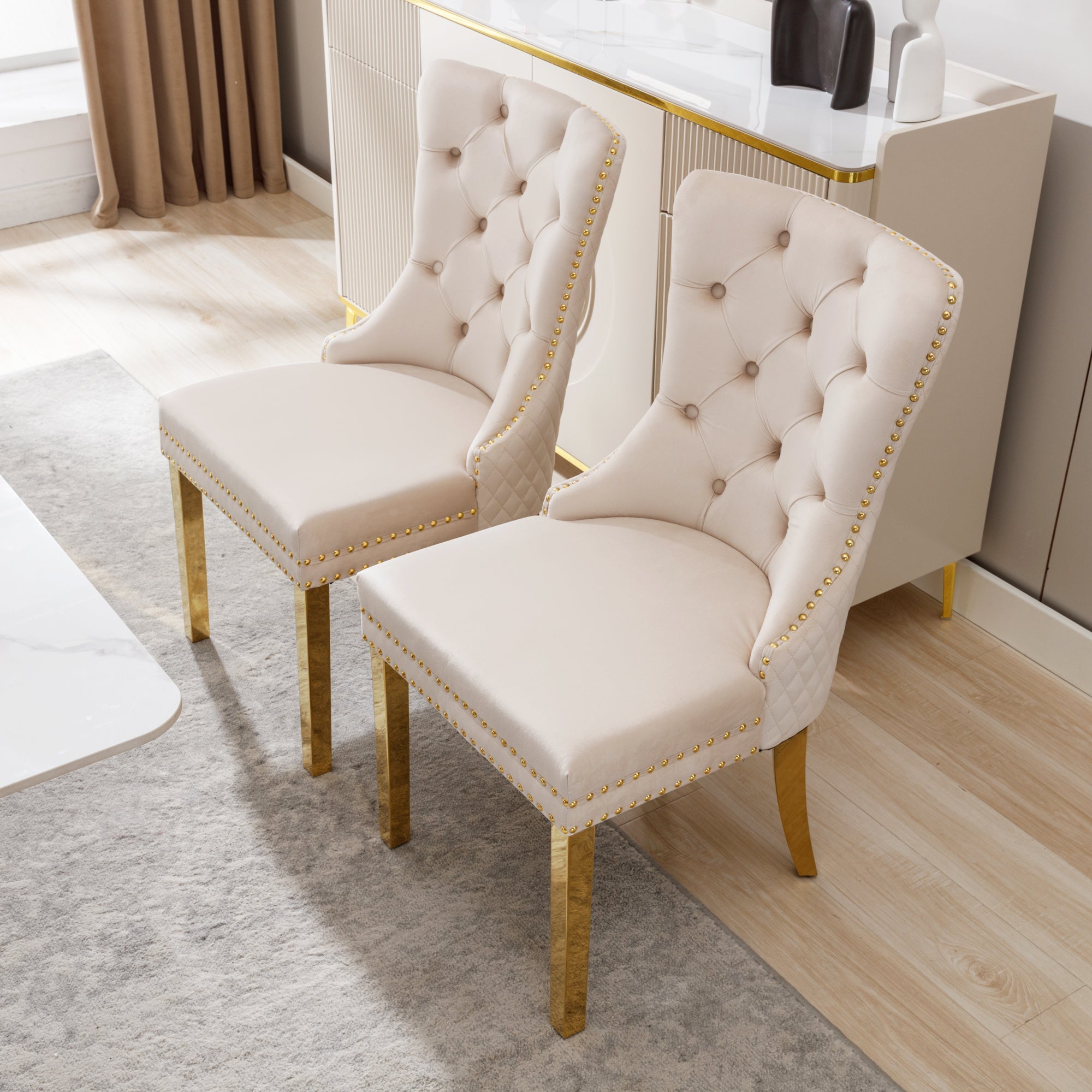 Set of 2 Dining Chairs Upholstered Door Knocker Back Gold-Plated Legs Beige Velvet/Gold