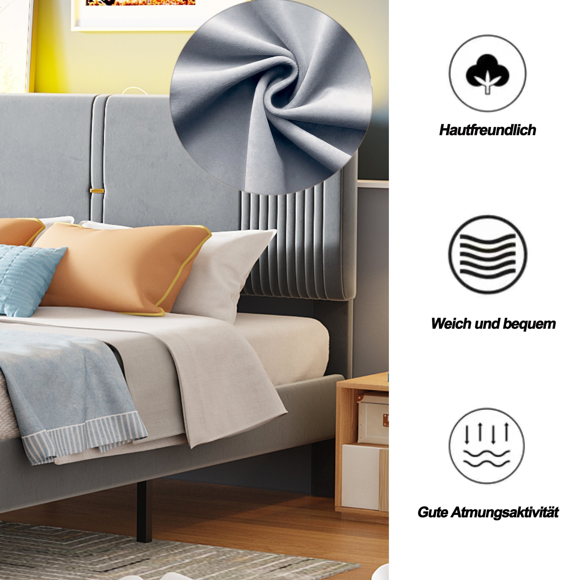 Upholstered Bed, 140x200cm Double with Light Strip & USB Port, Grey Velvet