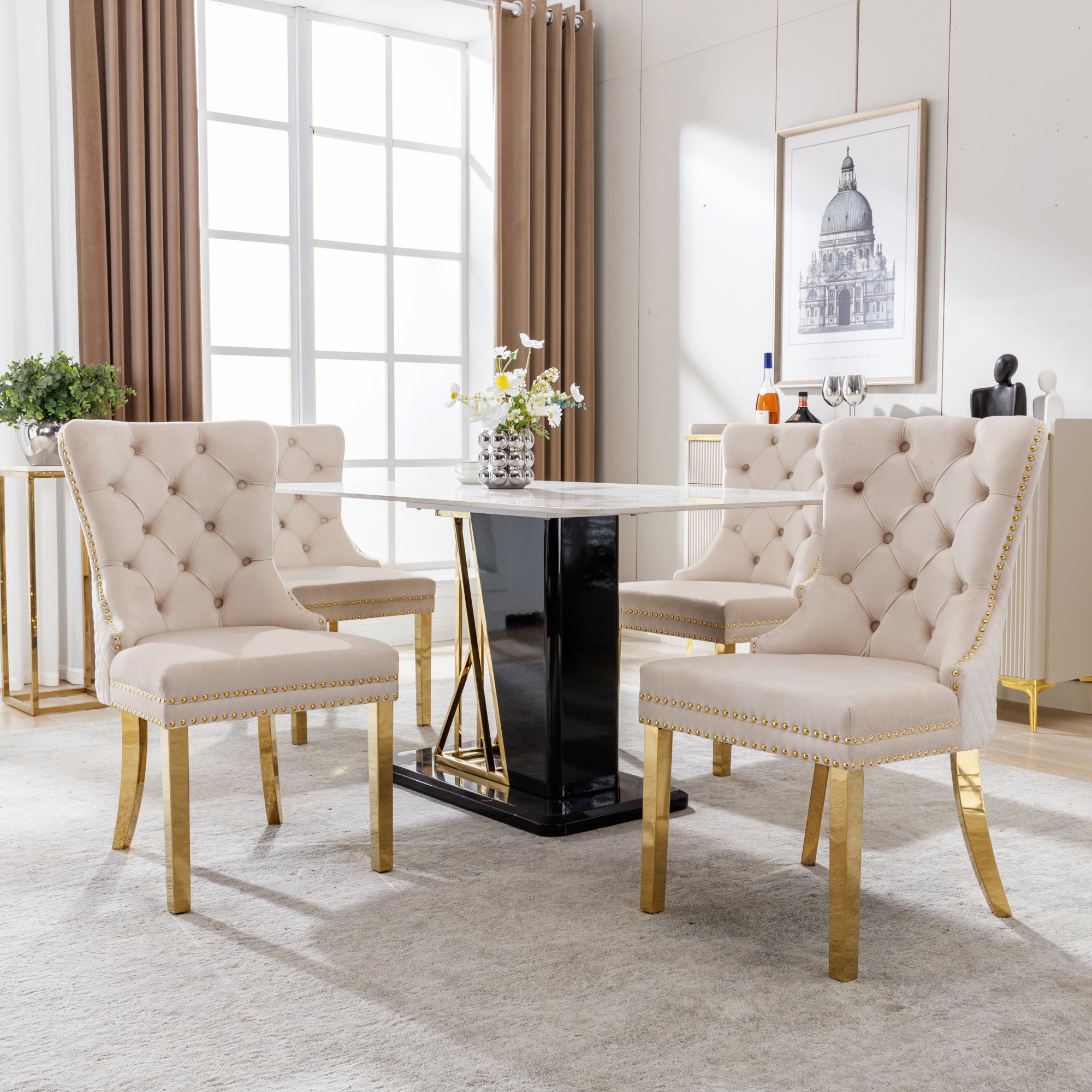 Dining Chair Set of 4 Upholstered Door Knocker Nailhead Trim Beige Velvet/Gold