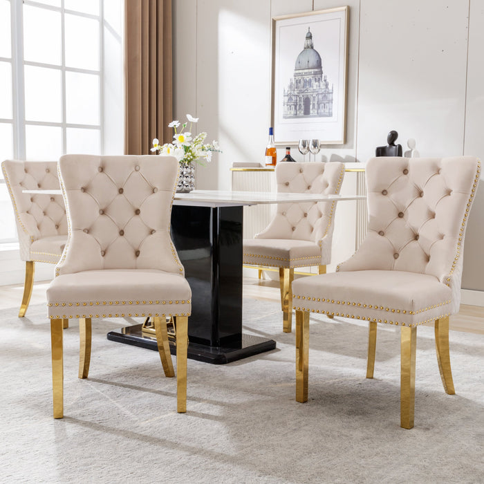 Dining Chair Set of 4 Upholstered Door Knocker Nailhead Trim Beige Velvet/Gold