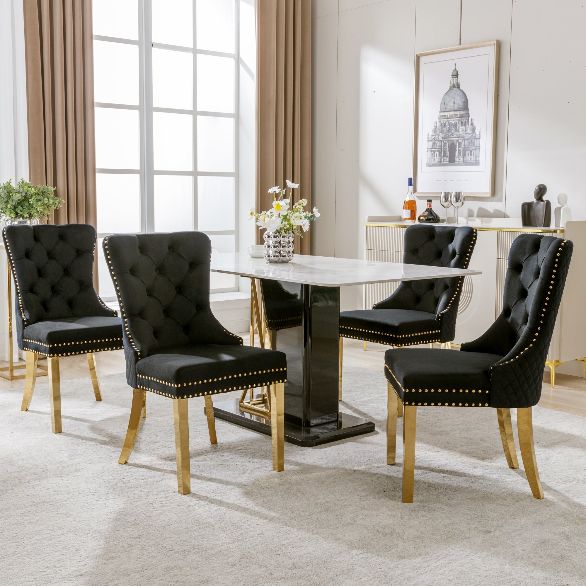 Set of 4 Dining Chairs Velvet Upholstered Round Pull Ring Nailhead Trim Black/Gold