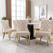 Dining Chair Set of 6 Upholstered Door Knocker Back Gold-Plated Legs Beige Velvet/Gold