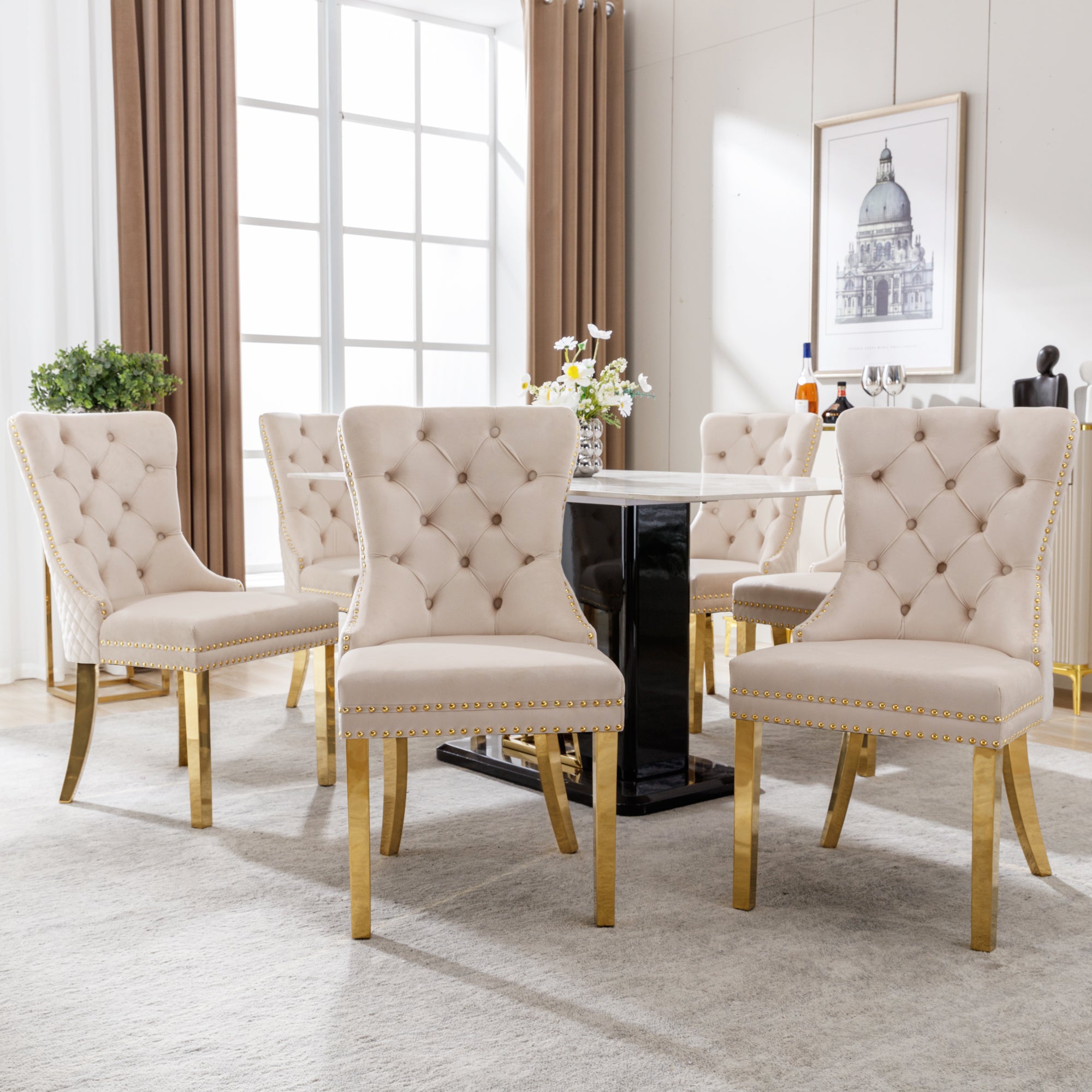 Dining Chair Set of 6 Upholstered Door Knocker Back Gold-Plated Legs Beige Velvet/Gold