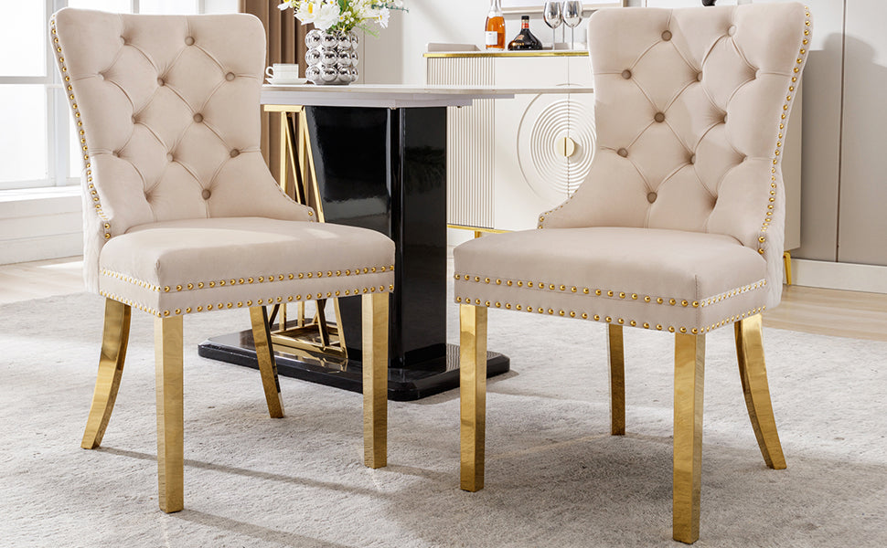 Set of 2 Dining Chairs Upholstered Door Knocker Back Gold-Plated Legs Beige Velvet/Gold