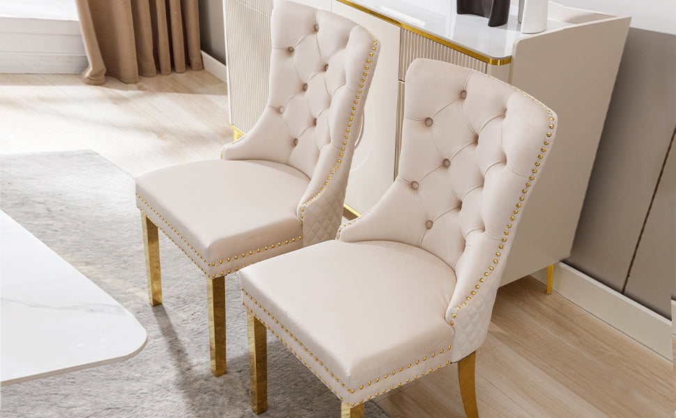 Set of 2 Dining Chairs Upholstered Door Knocker Back Gold-Plated Legs Beige Velvet/Gold