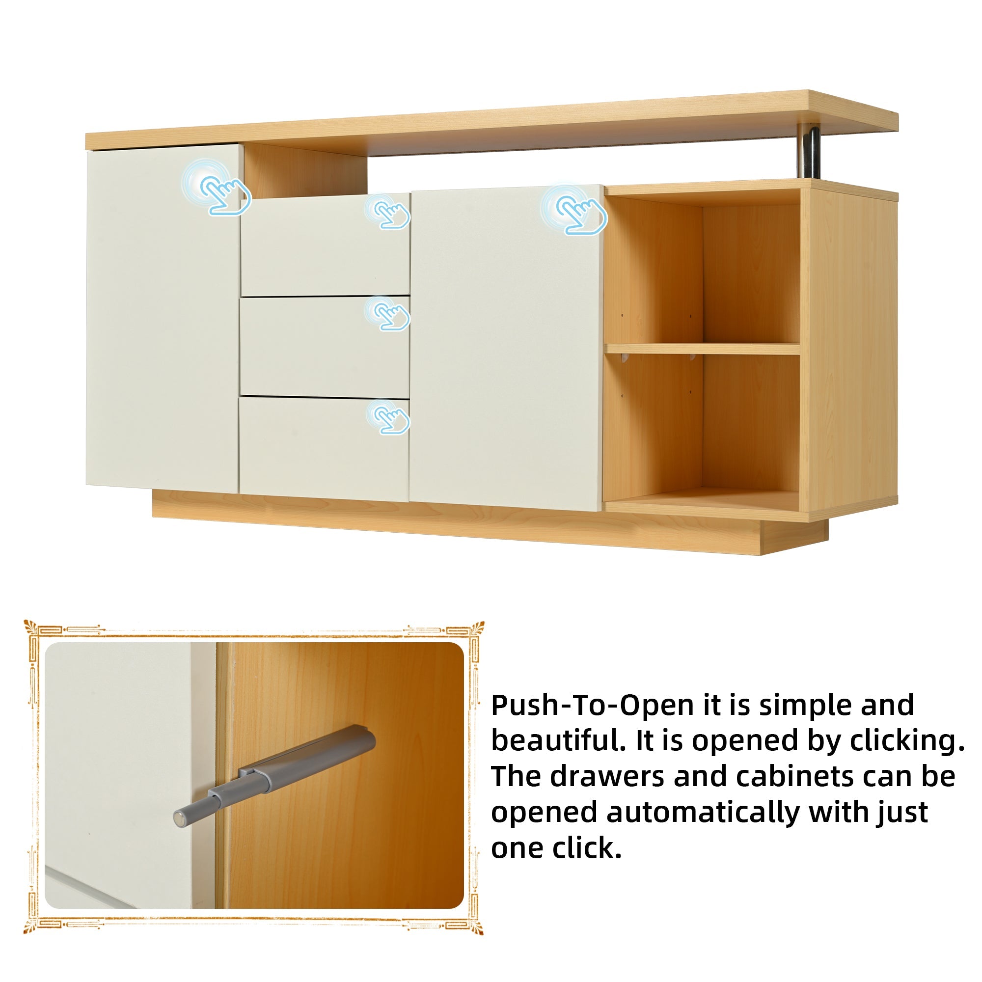 Sideboard, Multifunctional with 2 Doors, 3 Drawers, 2 Open, LED, White/Wood Imitation