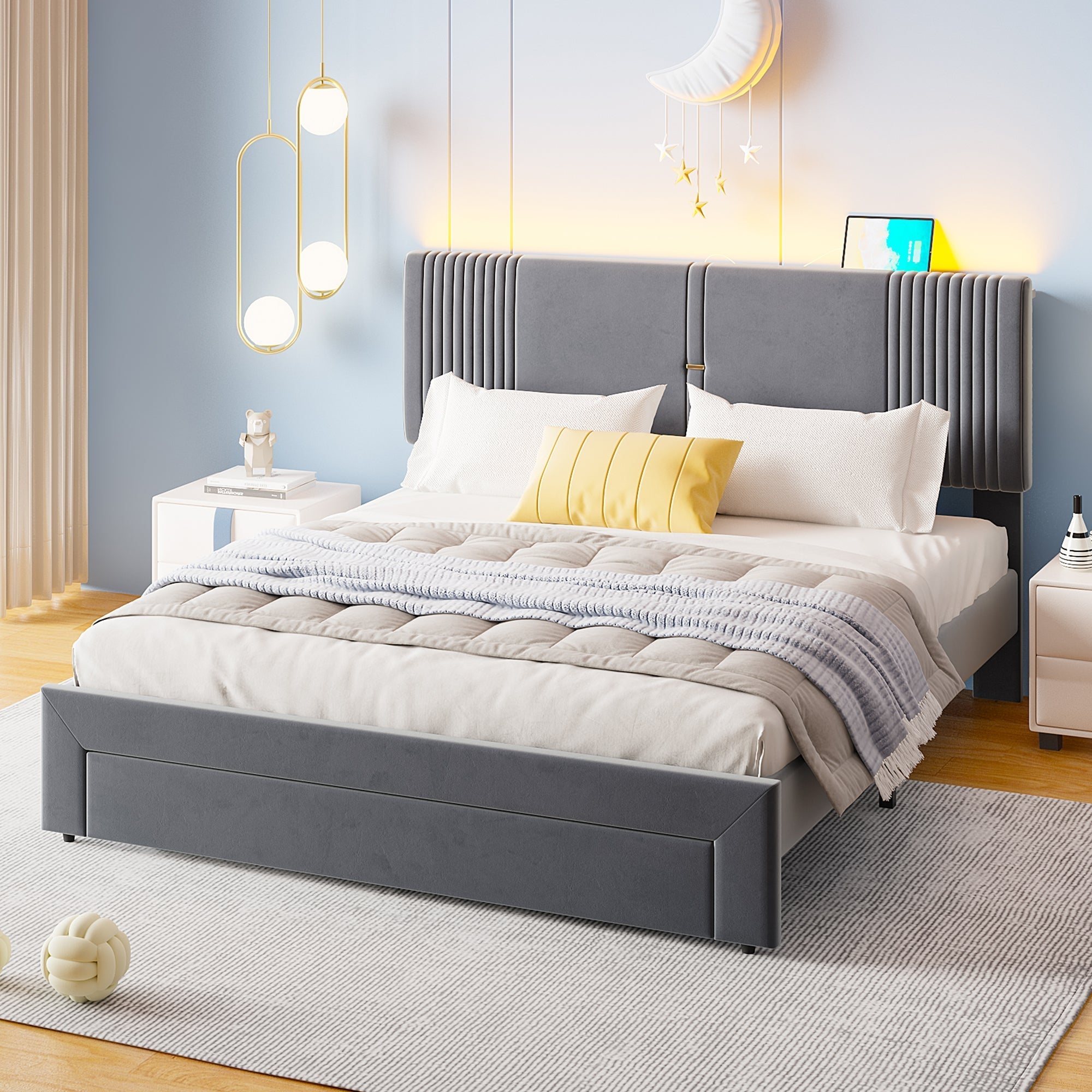 Upholstered Bed, 160x200cm Double with Light Strip, USB Port & Storage Drawer, Grey Velvet