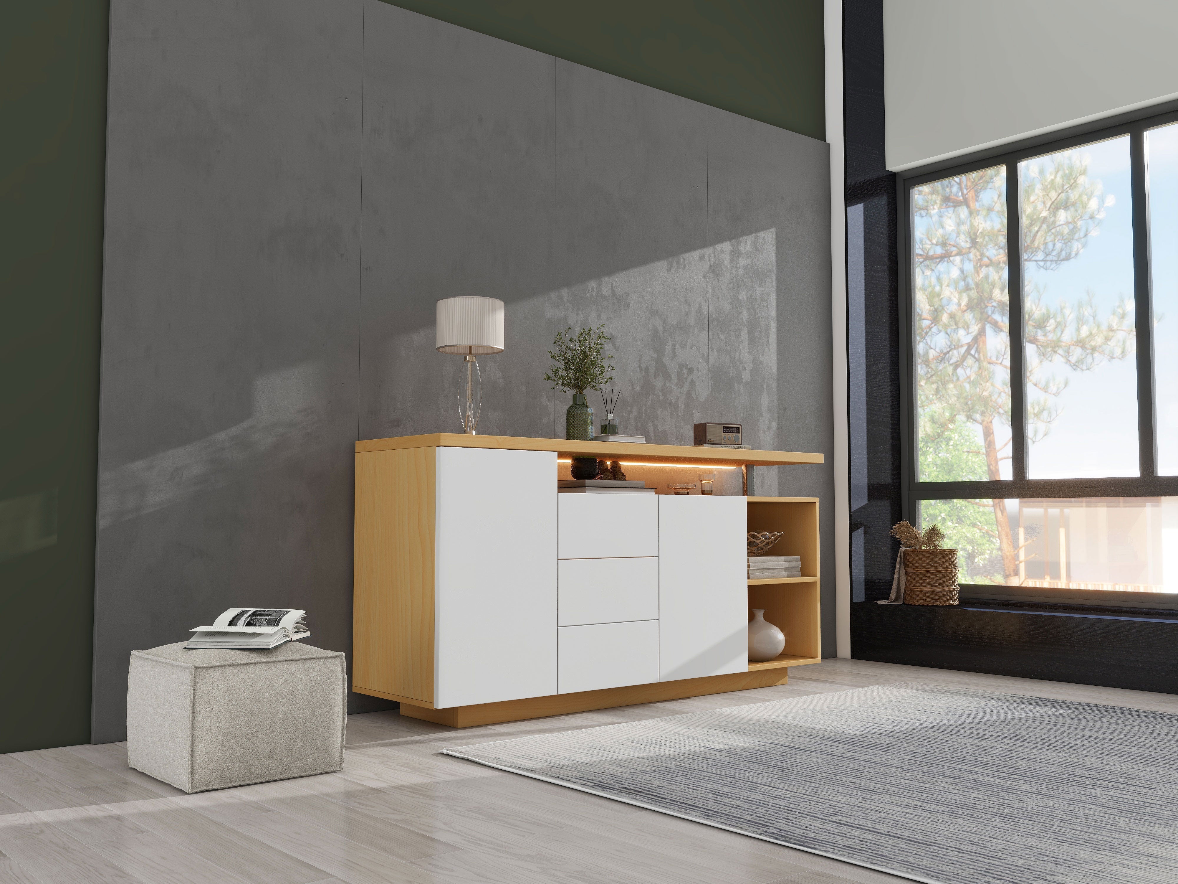 Sideboard, Multifunctional with 2 Doors, 3 Drawers, 2 Open, LED, White/Wood Imitation