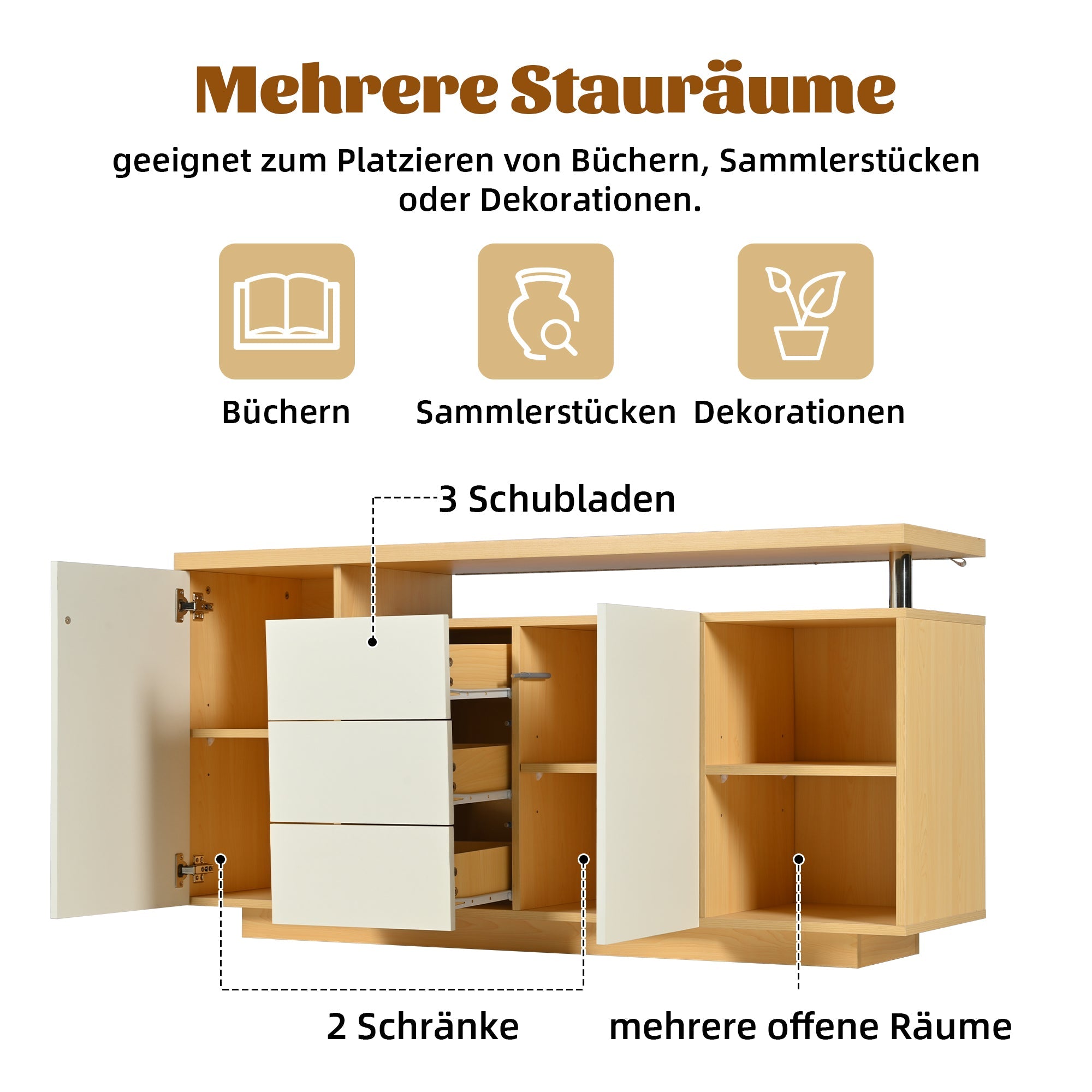 Sideboard, Multifunctional with 2 Doors, 3 Drawers, 2 Open, LED, White/Wood Imitation