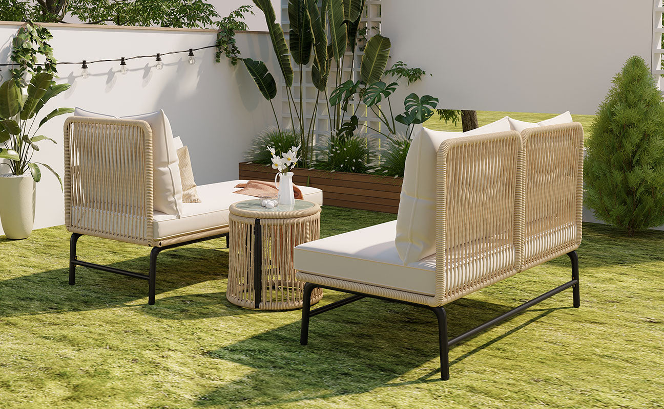 Garden Lounge Set with Iron Frame and Woven Rope, Beige