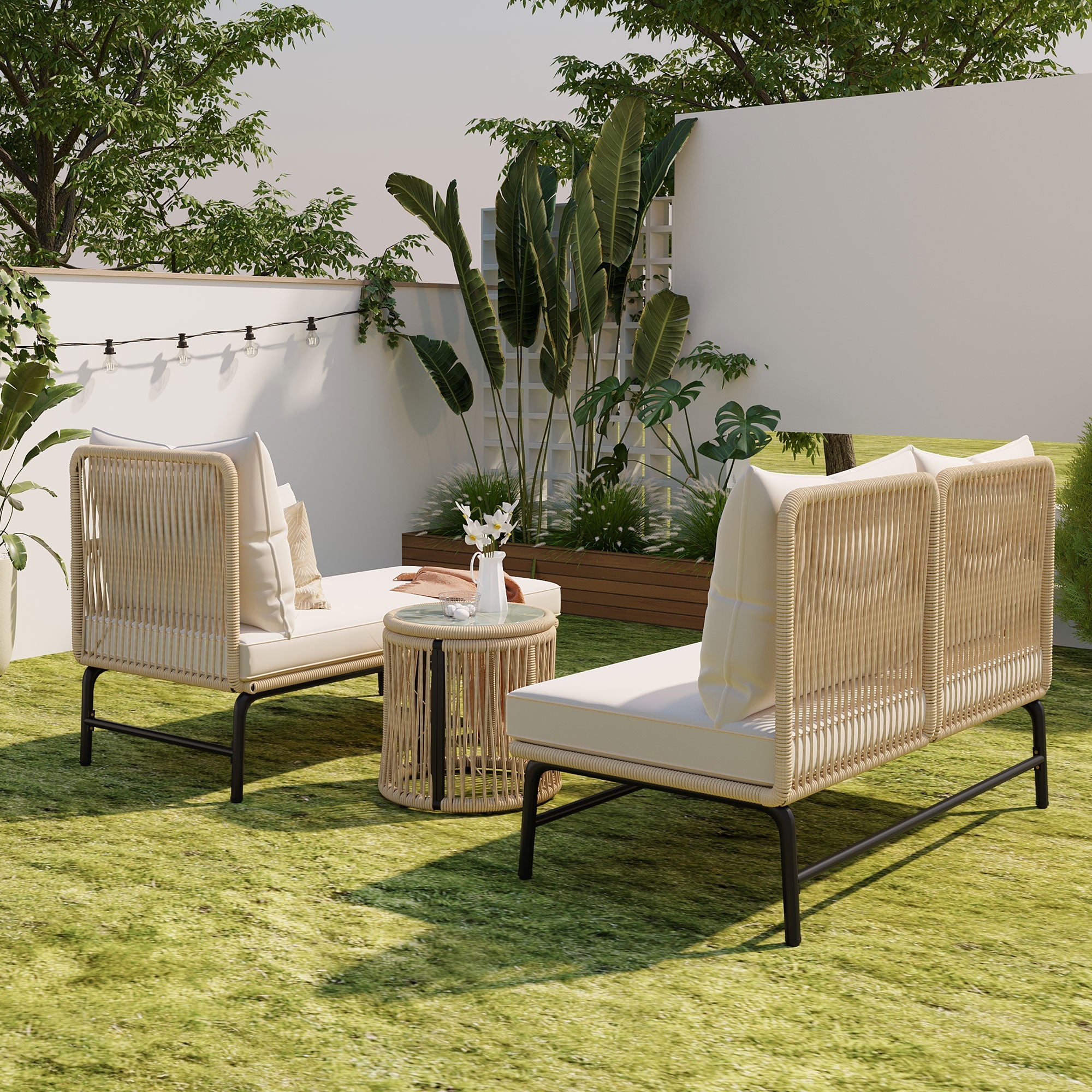Garden Lounge Set L-Shaped Conversation Set with Table Iron Frame Beige Rope