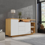 Sideboard, Multifunctional with 2 Doors, 3 Drawers, 2 Open, LED, White/Wood Imitation