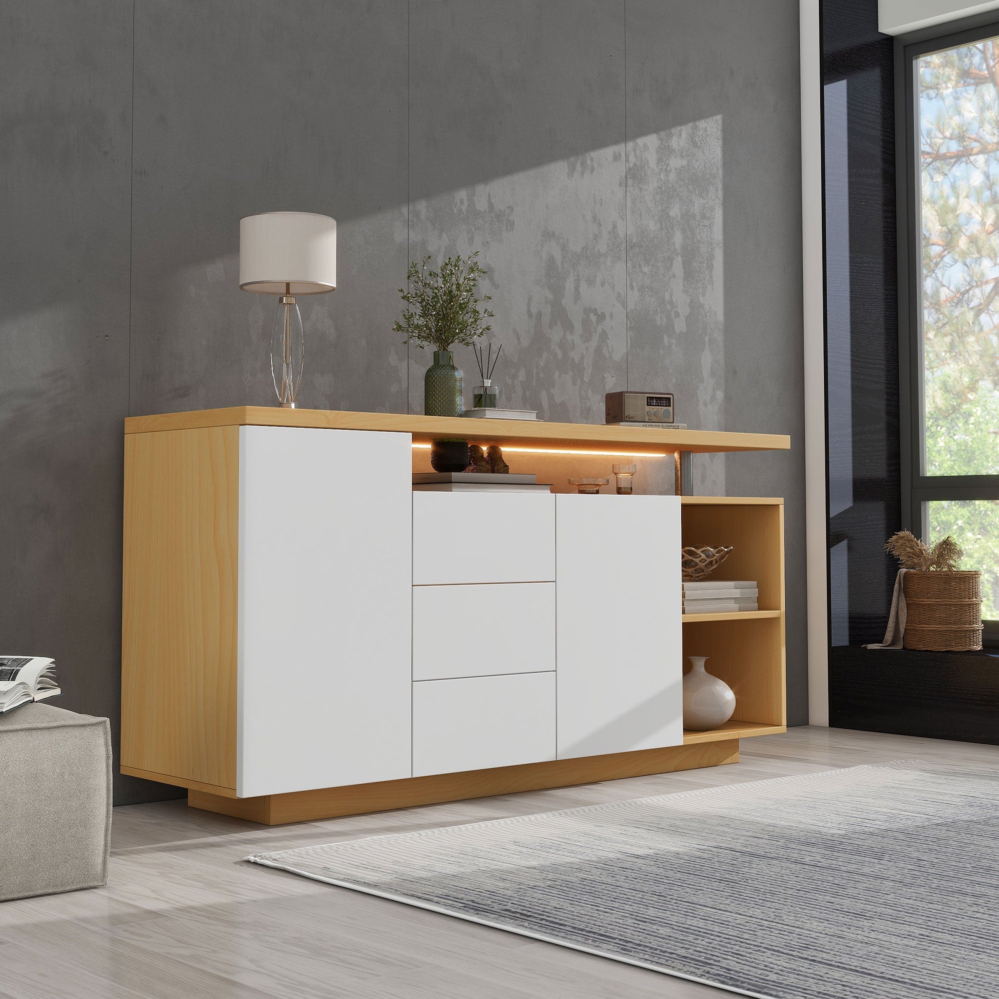 Sideboard, Multifunctional with 2 Doors, 3 Drawers, 2 Open, LED, White/Wood Imitation