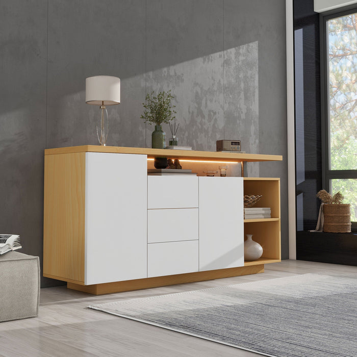 Sideboard, Multifunctional with 2 Doors, 3 Drawers, 2 Open, LED, White/Wood Imitation