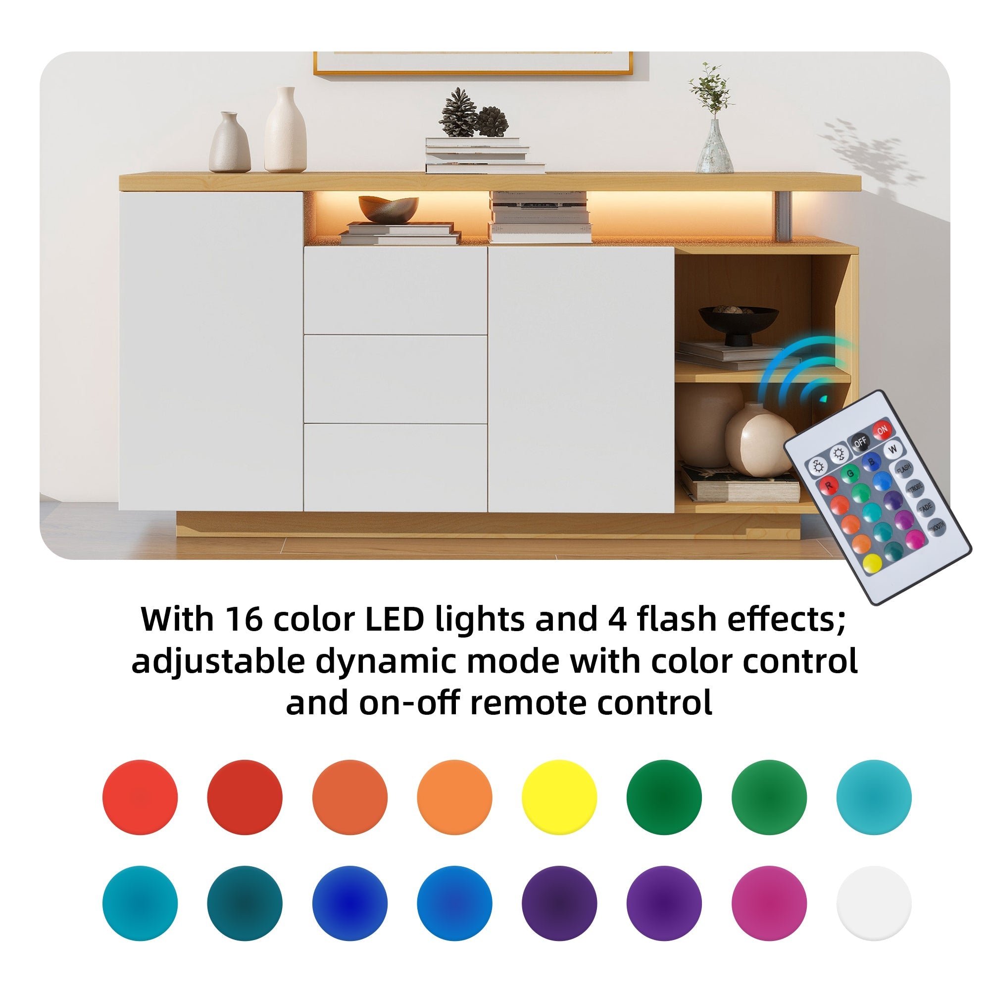 Sideboard, Multifunctional with 2 Doors, 3 Drawers, 2 Open, LED, White/Wood Imitation