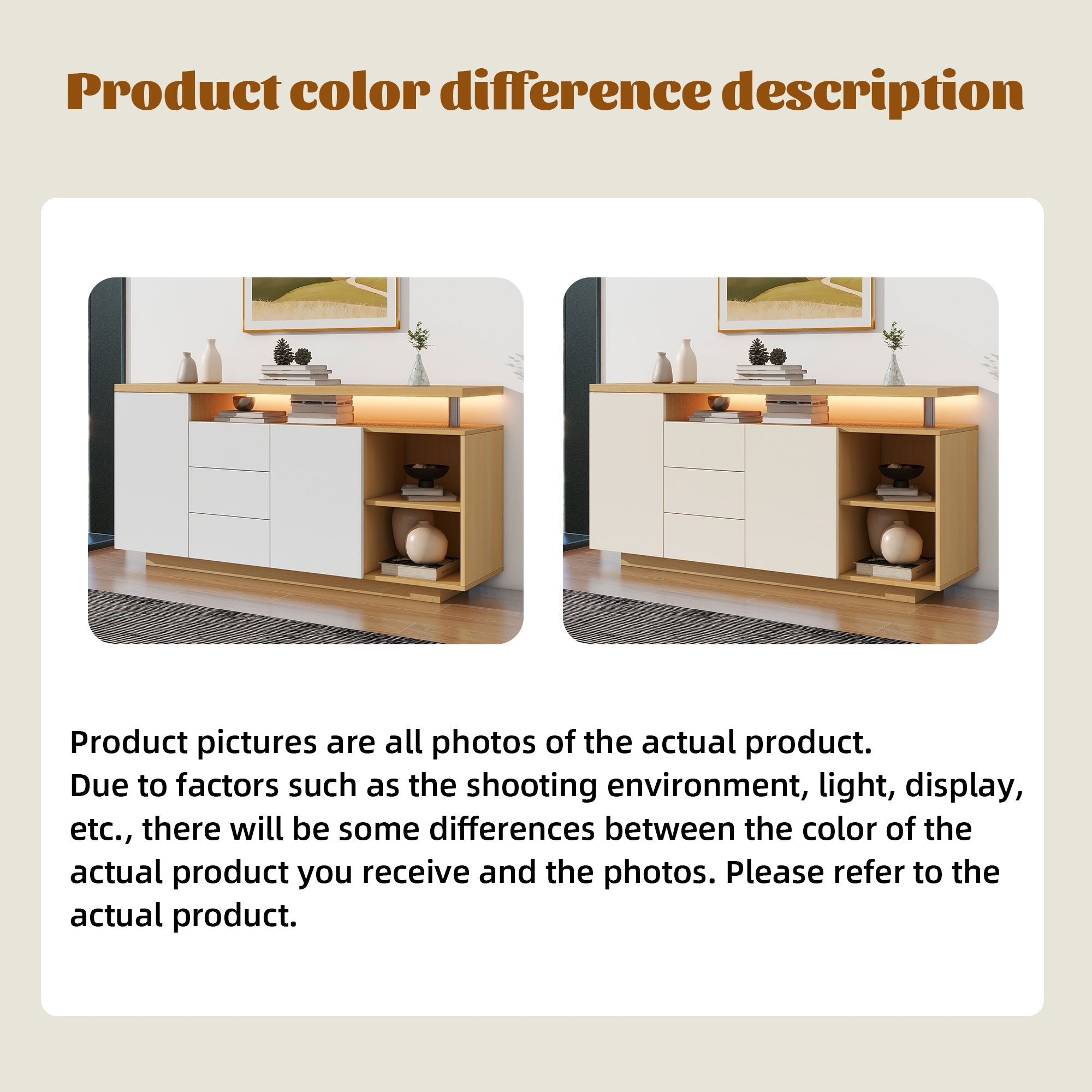 Sideboard, Multifunctional with 2 Doors, 3 Drawers, 2 Open, LED, White/Wood Imitation