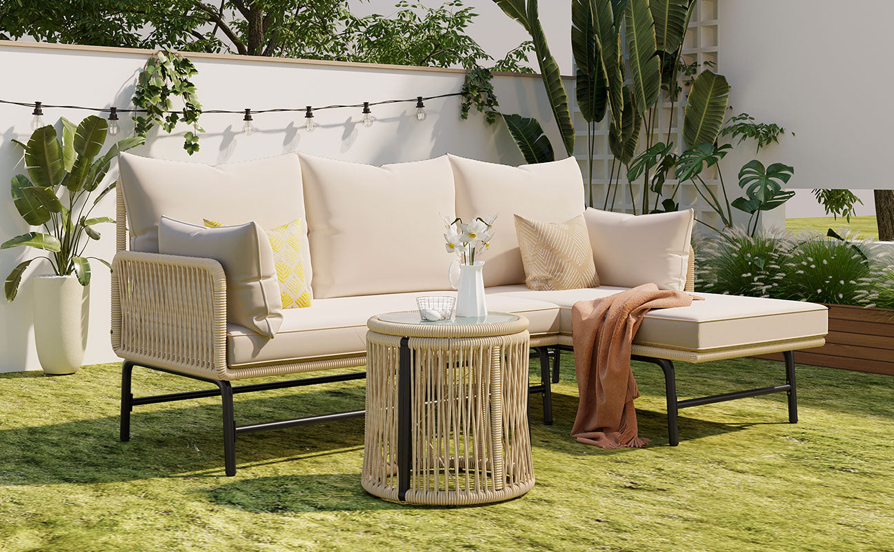 Garden Lounge Set with Iron Frame and Woven Rope, Beige