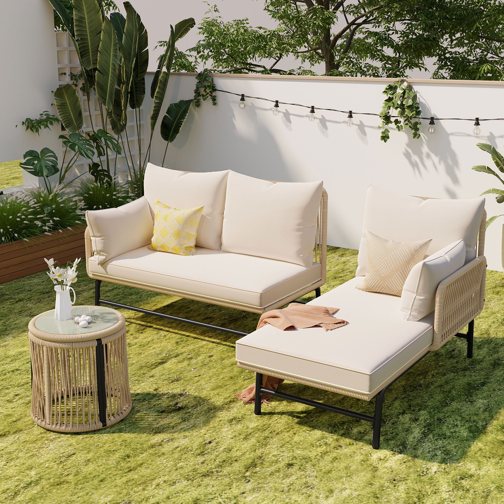 Garden Lounge Set L-Shaped Conversation Set with Table Iron Frame Beige Rope