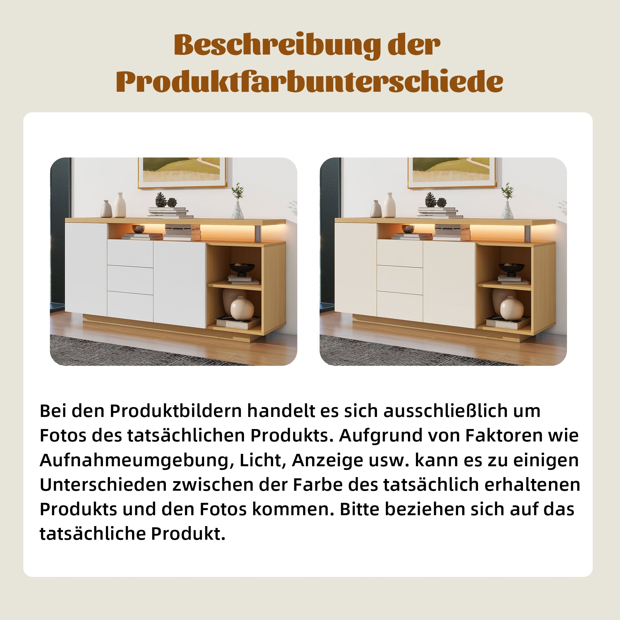Sideboard, Multifunctional with 2 Doors, 3 Drawers, 2 Open, LED, White/Wood Imitation