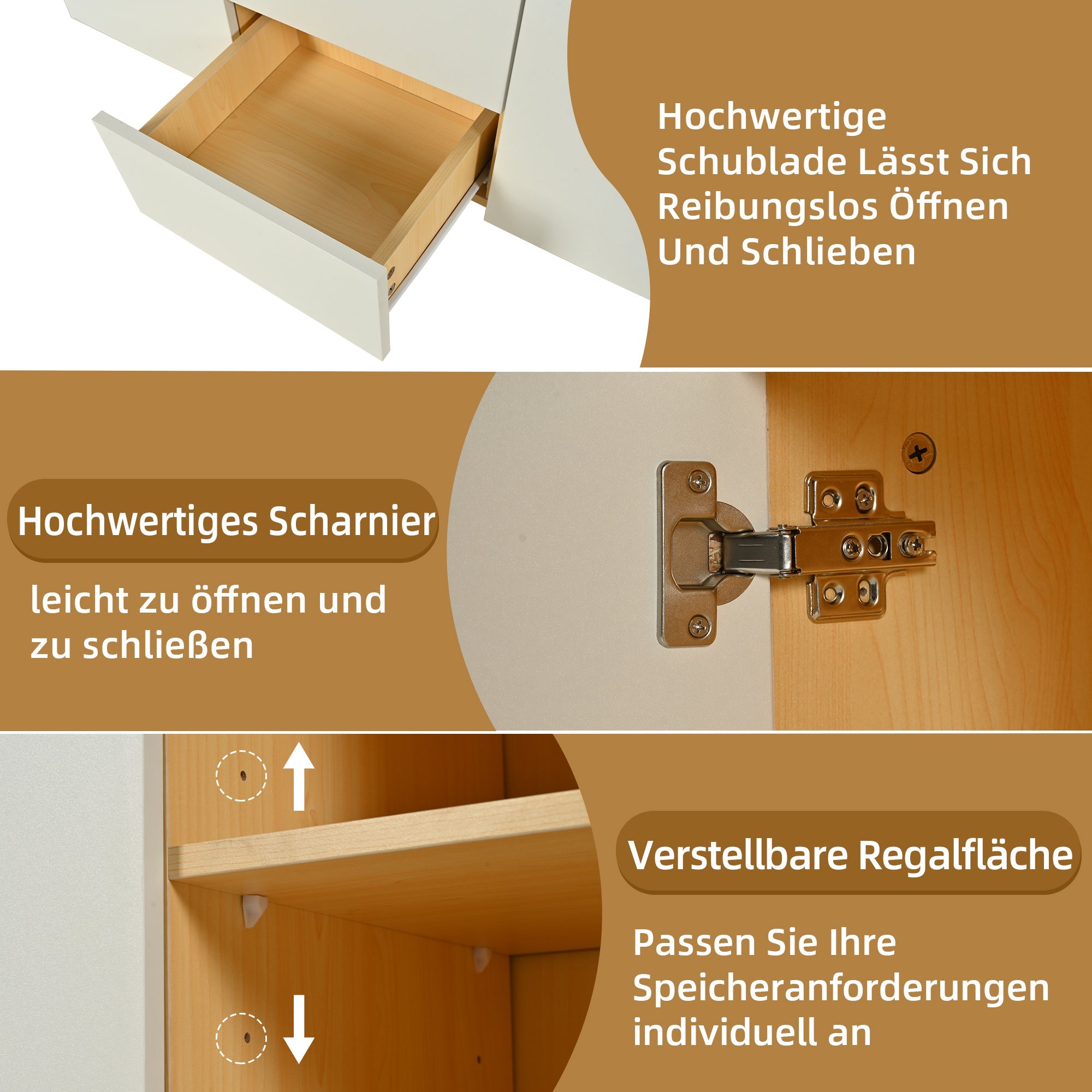 Sideboard, Multifunctional with 2 Doors, 3 Drawers, 2 Open, LED, White/Wood Imitation