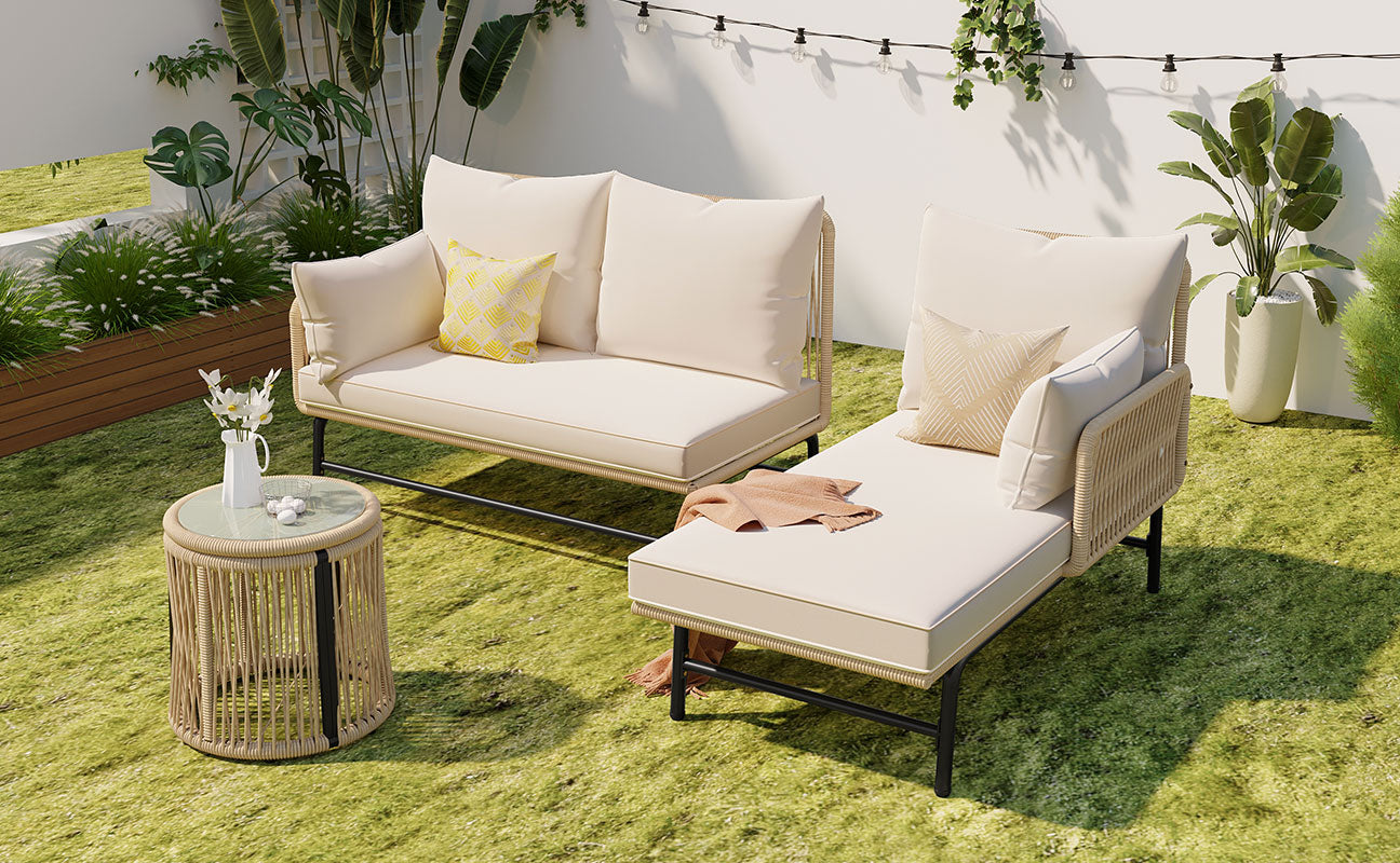 Garden Lounge Set L-Shaped Conversation Set with Table Iron Frame Beige Rope