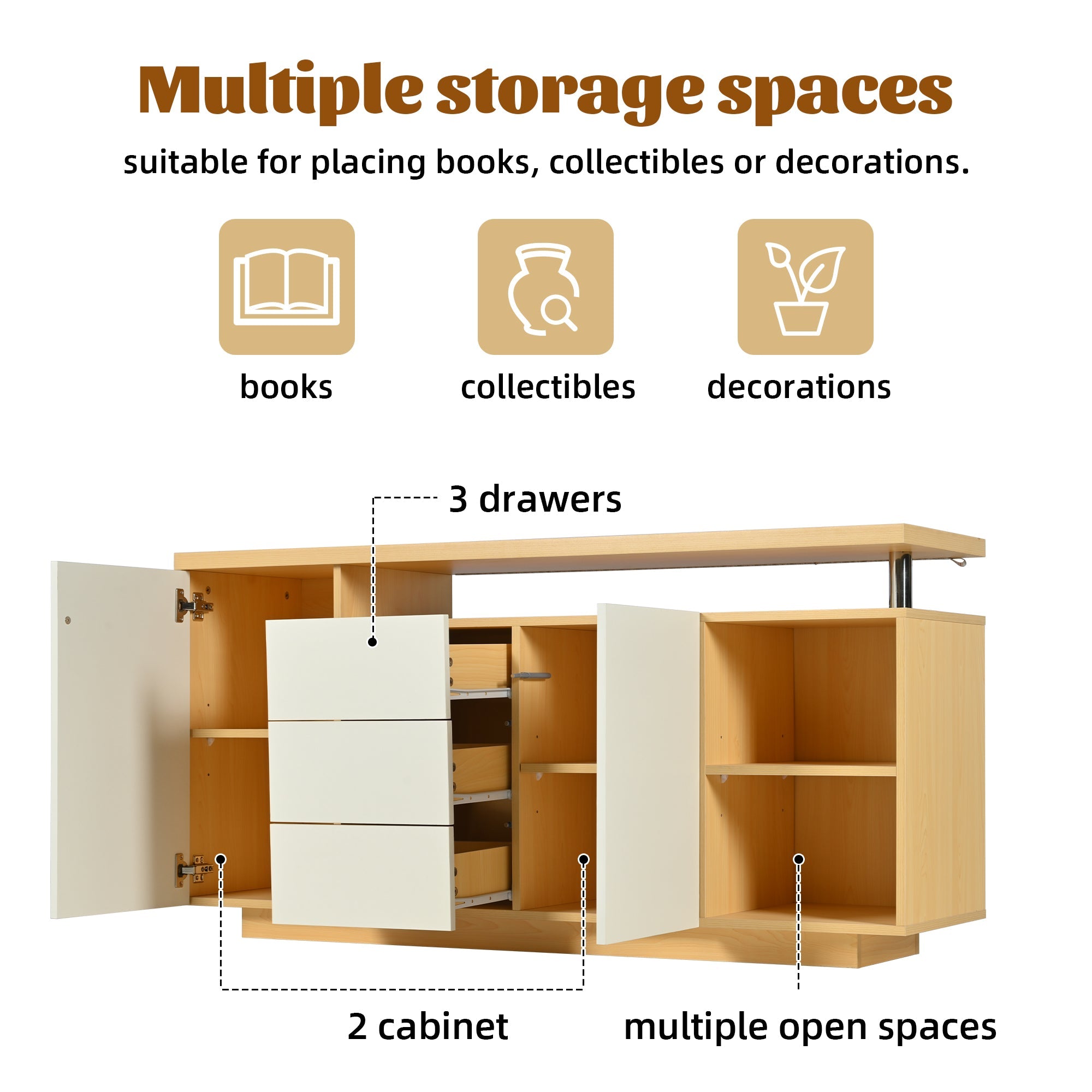 Sideboard, Multifunctional with 2 Doors, 3 Drawers, 2 Open, LED, White/Wood Imitation