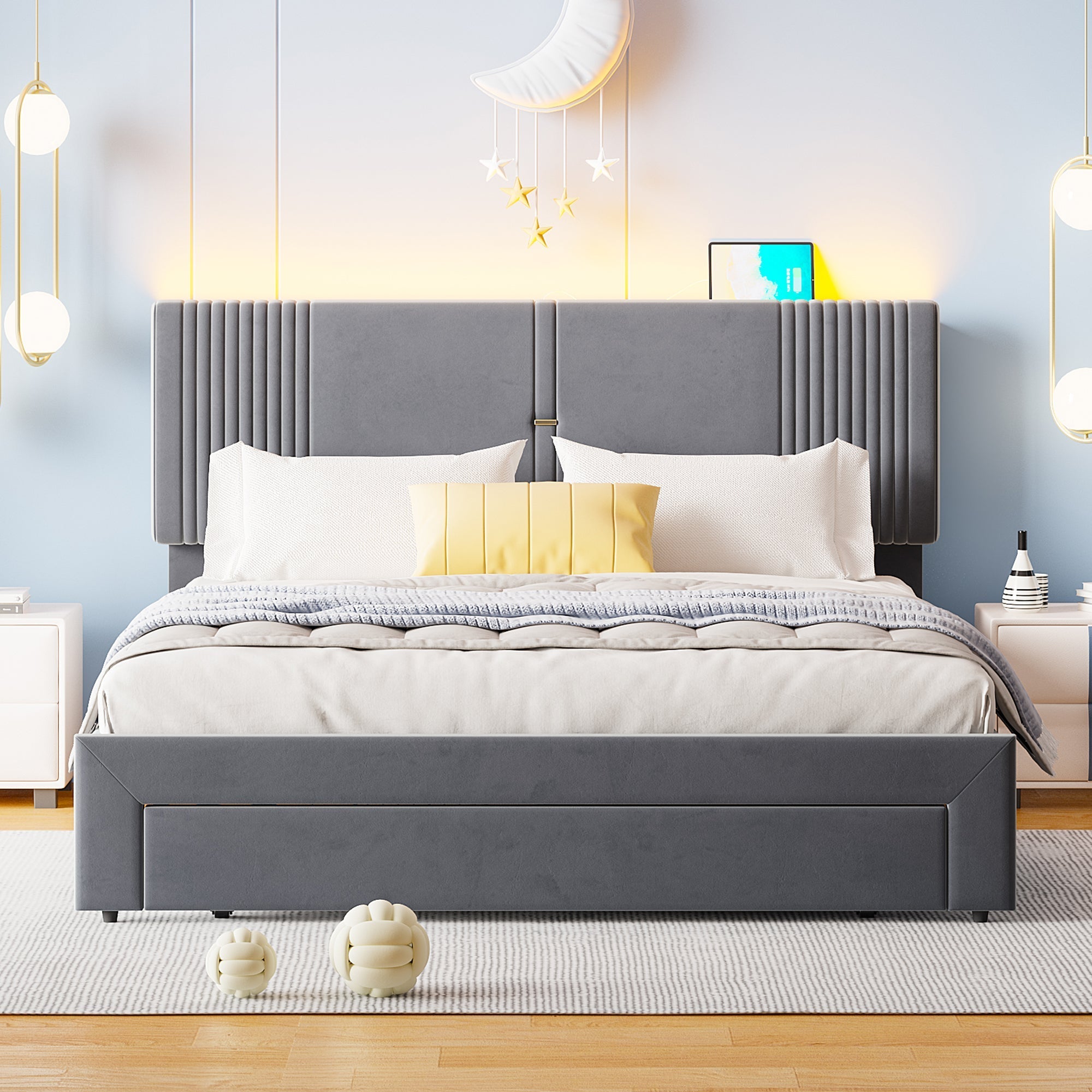 Upholstered Bed, 160x200cm Double with Light Strip, USB Port & Storage Drawer, Grey Velvet