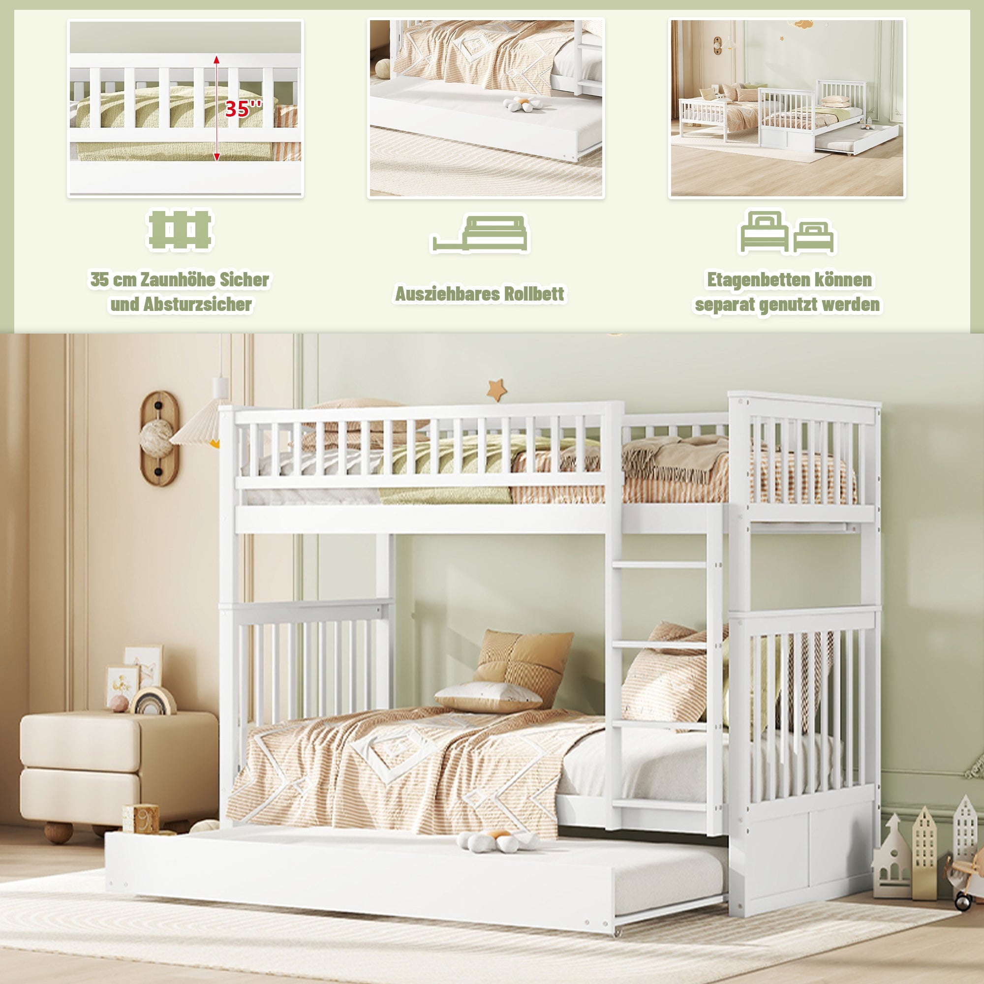 Triple Bunk Bed 90x200cm with Pull-Out Bed High Railings Sturdy Staircase White