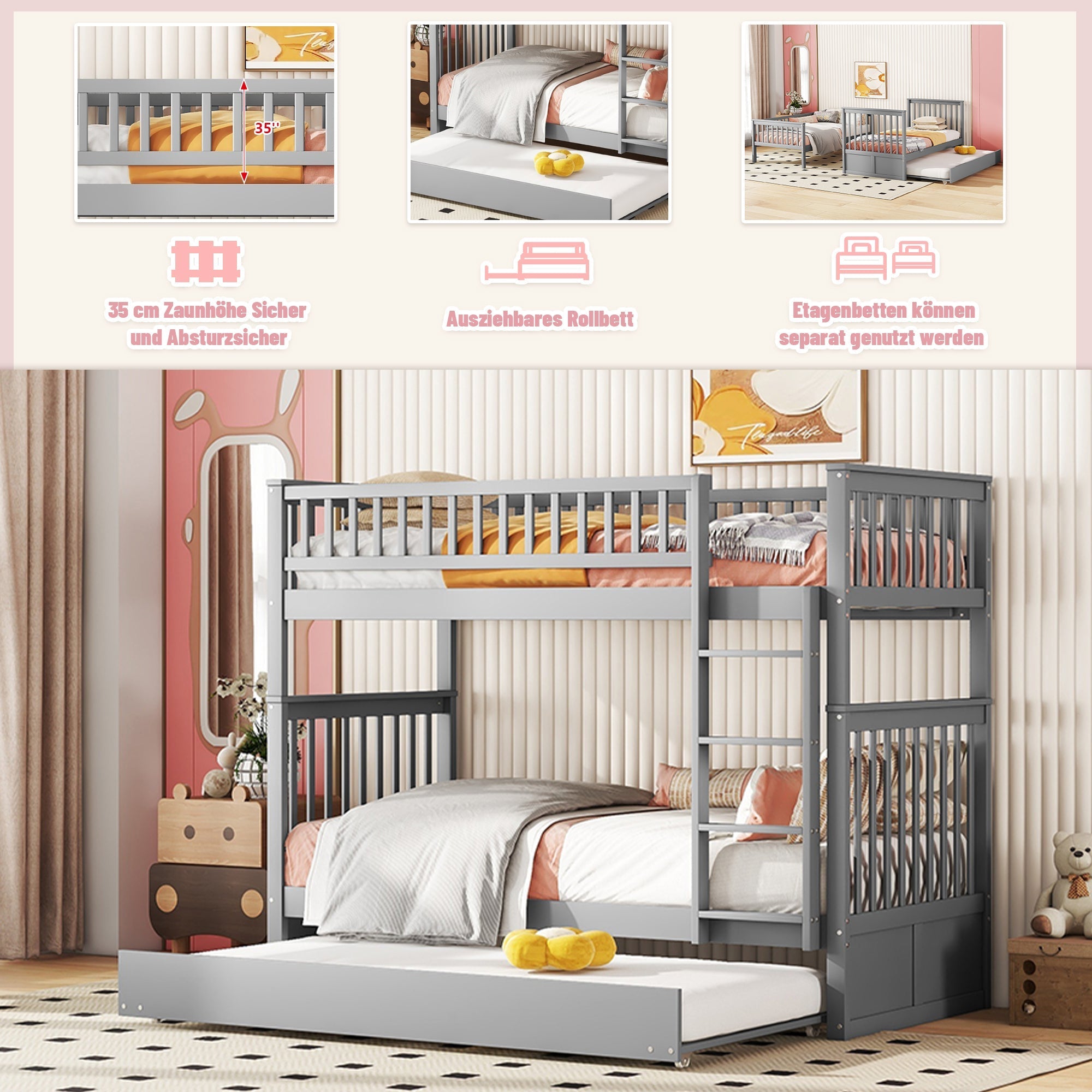 Bunk Bed Triple 90x200cm Pull-Out Bed Sturdy Stairs - Grey