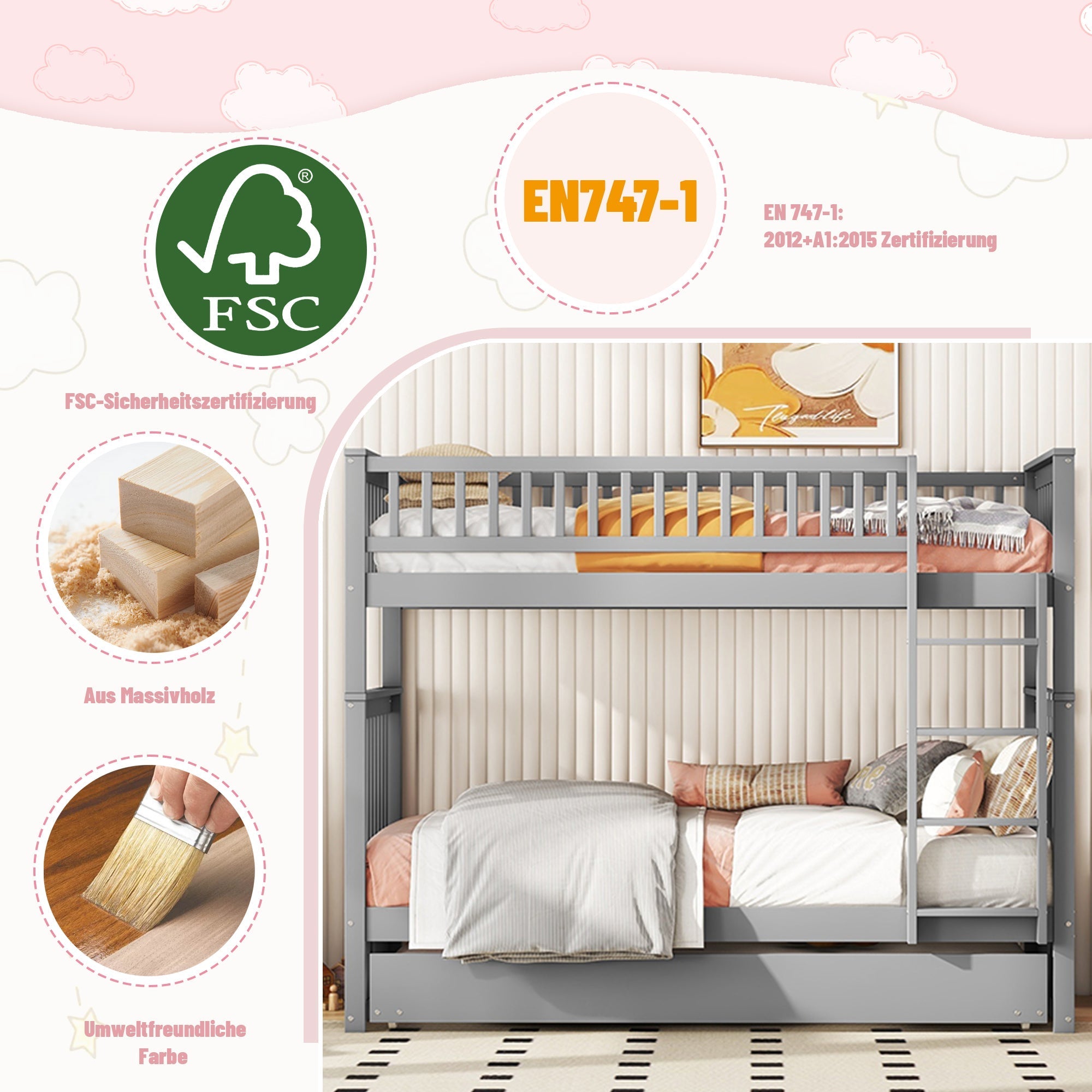 Bunk Bed Triple 90x200cm Pull-Out Bed Sturdy Stairs - Grey